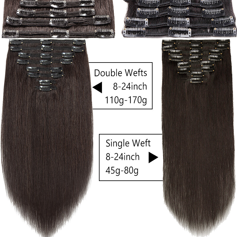 Full Head Clip In Remy Human Hair Extensions Double Wefted Thick 8Pieces 18Clips