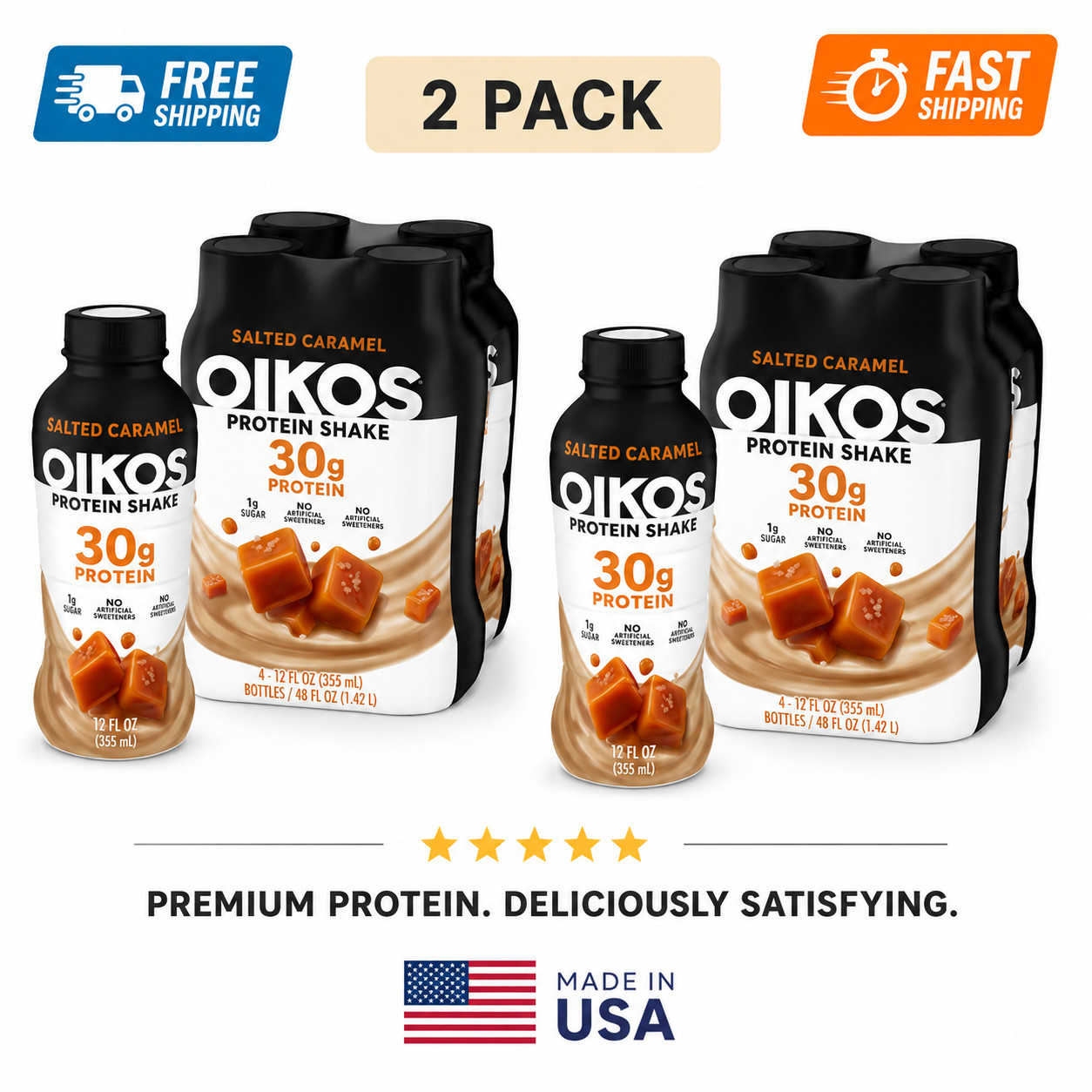 Oikos Protein Shake, Shelf Stable, Salted Caramel, 30g Protein, 12 fl oz, 8 Ct.