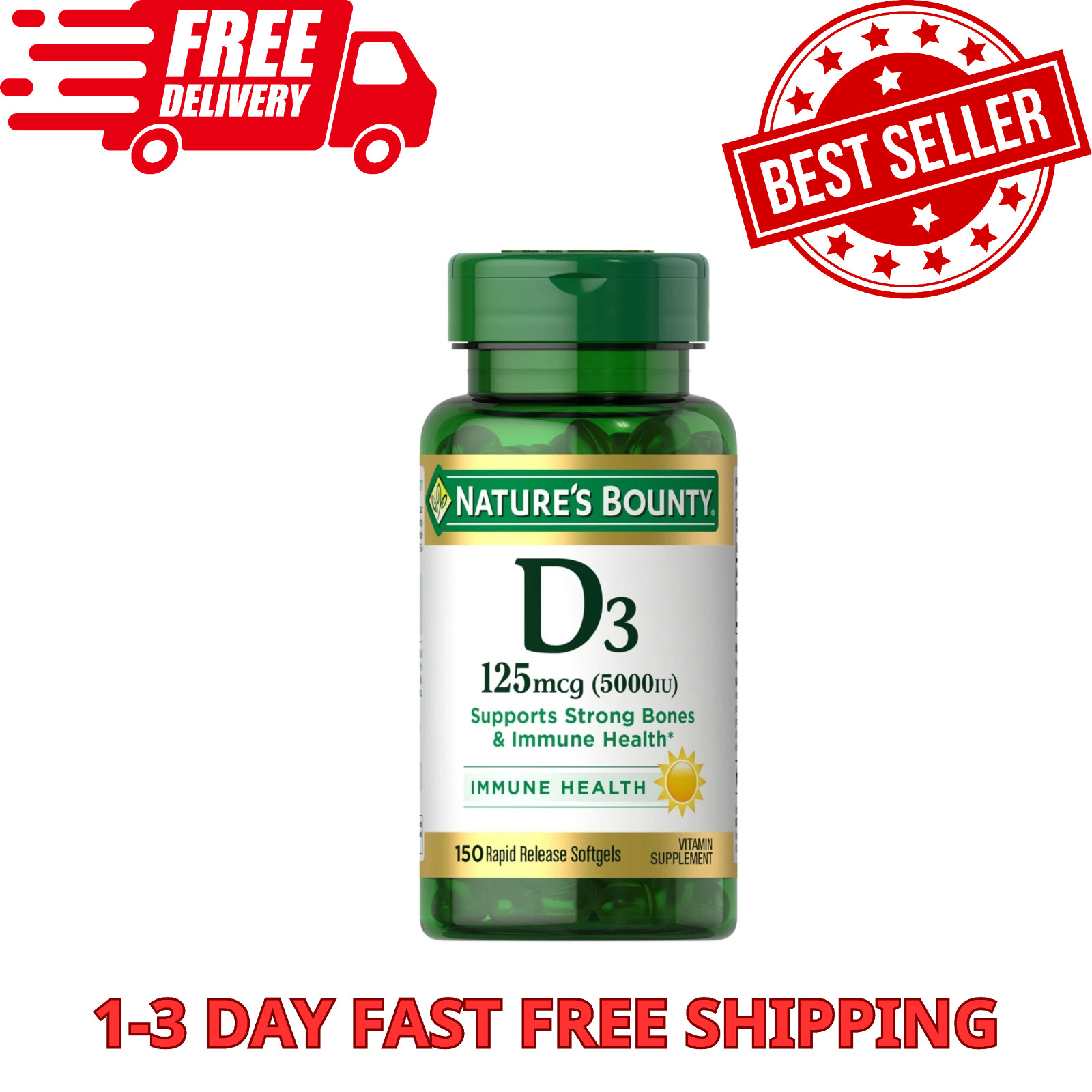 Nature’s Bounty Vitamin D3 5000 IU Softgels, Rapid Release, Immune 150 Count