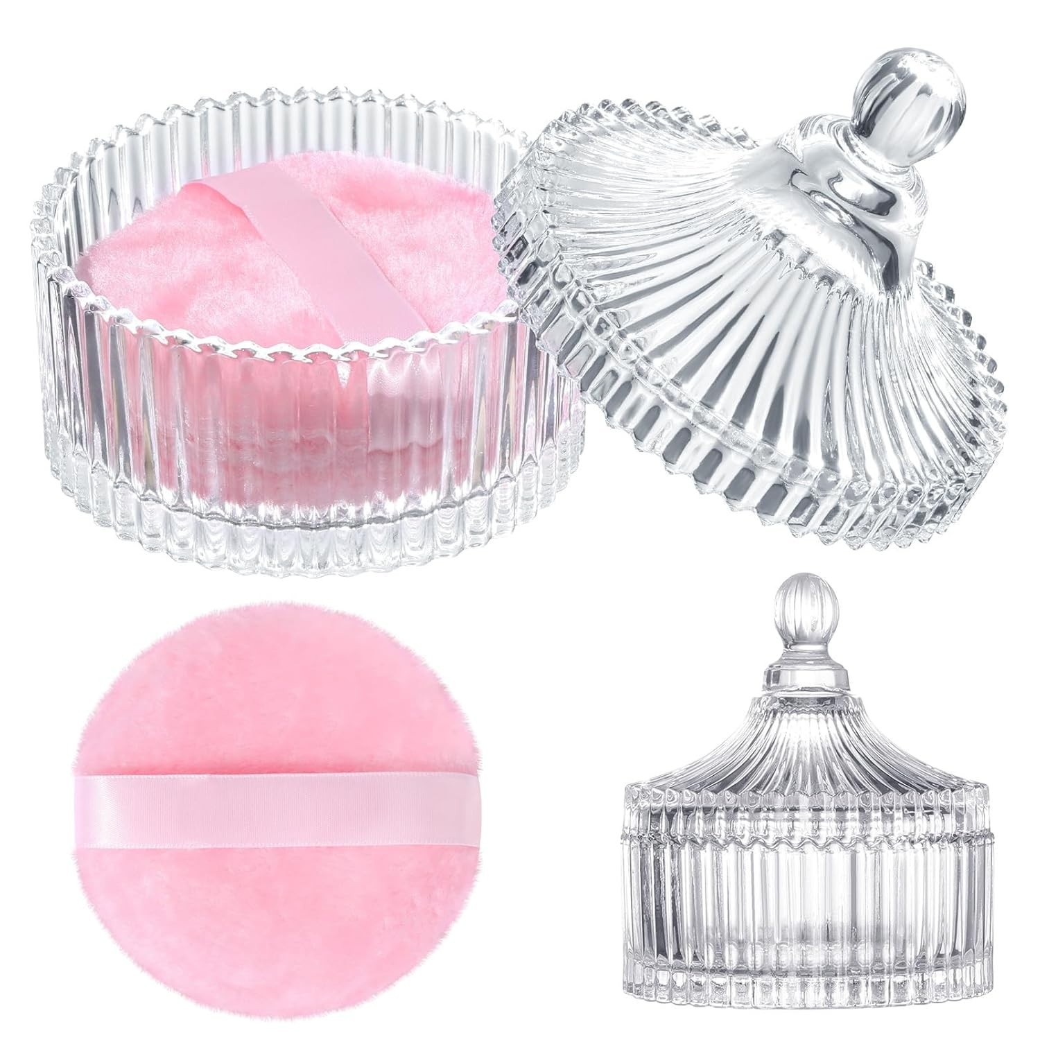 Large Body Powder Puff and Container, 3.54 Inch Women Powder Puff with Crystal C