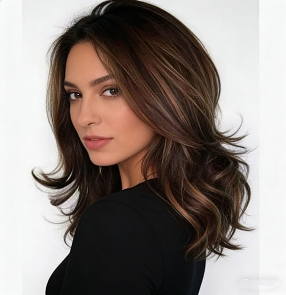 Women Dark Brown w/Gold Highlight Ombre Shoulder Length Curly Hair Wig-&&++