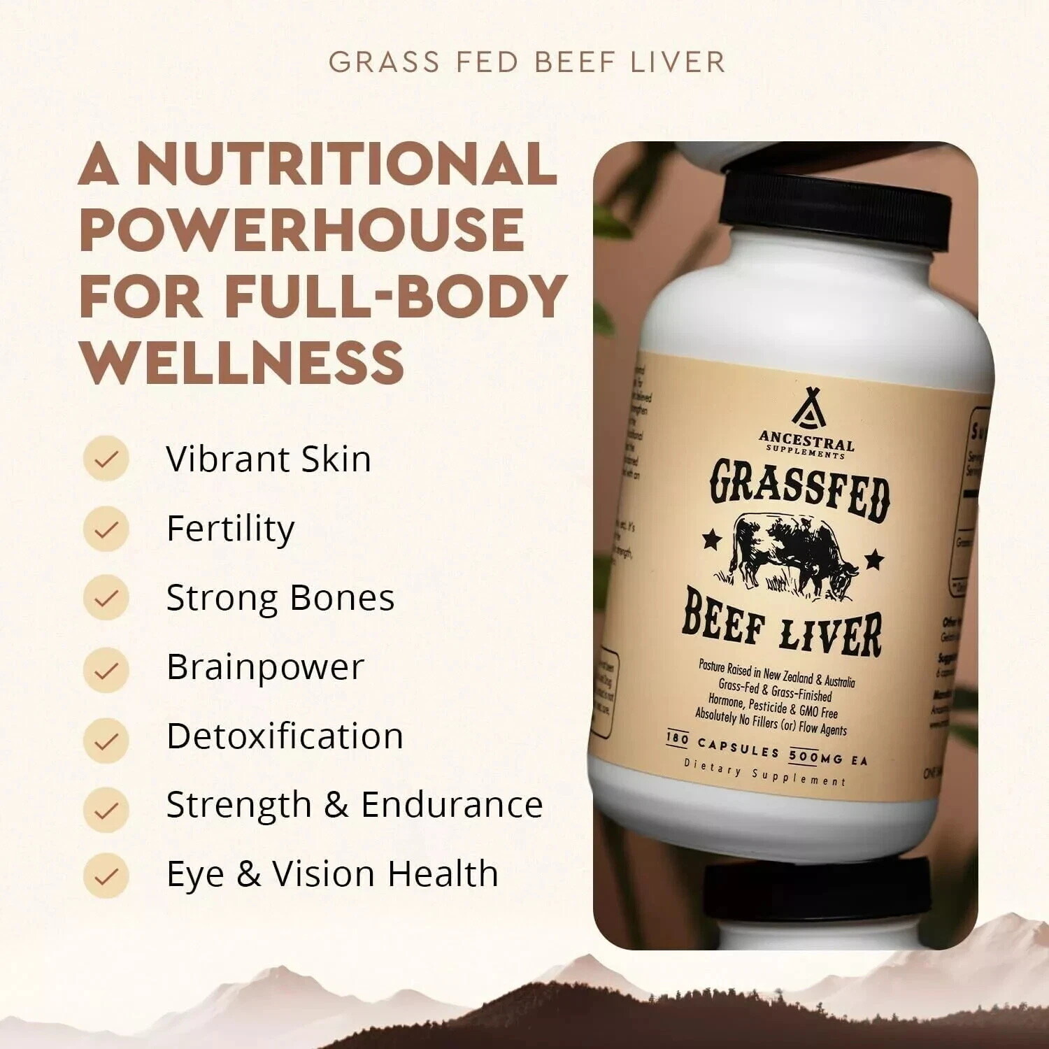Grass Fed Beef Liver Supplement Endurance Strong Bones Vibrant Skin 180 Capsules