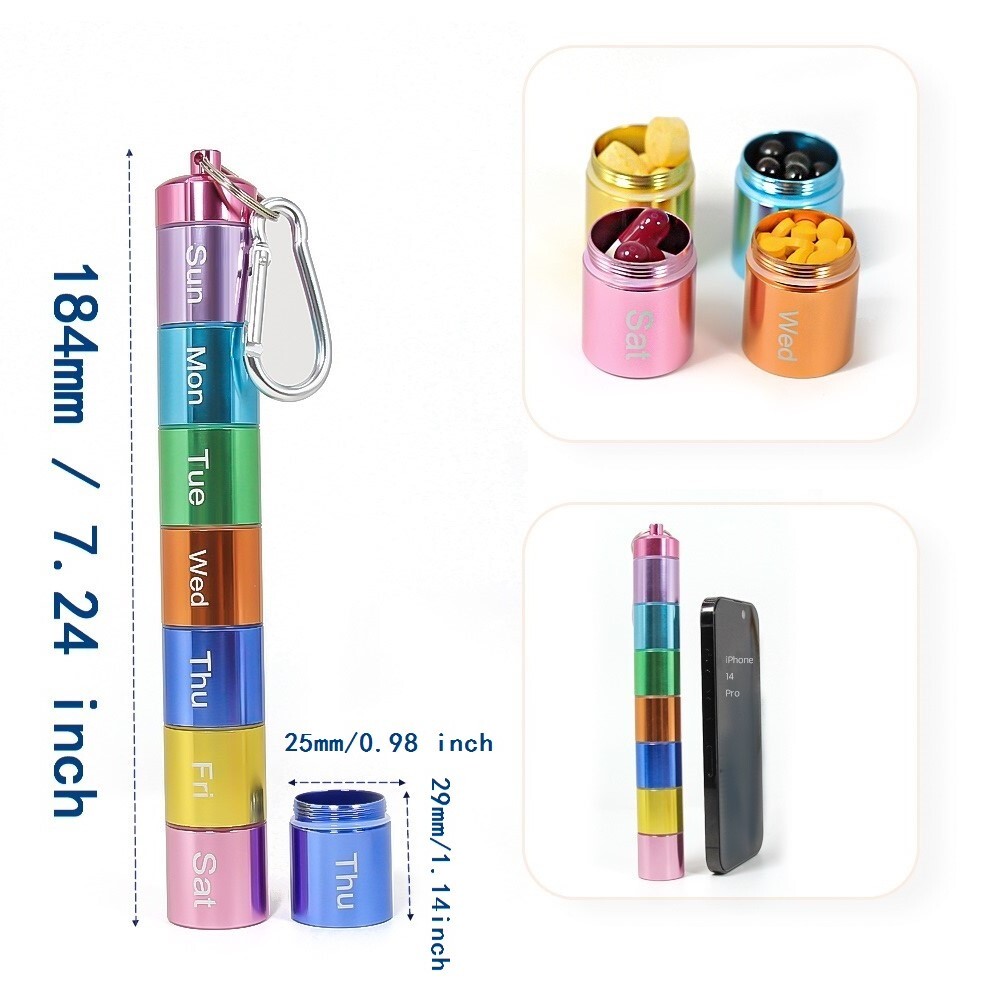 Portable Pill Case 7 Compartments Pocket Aluminum Alloy Pill Box with Keychain