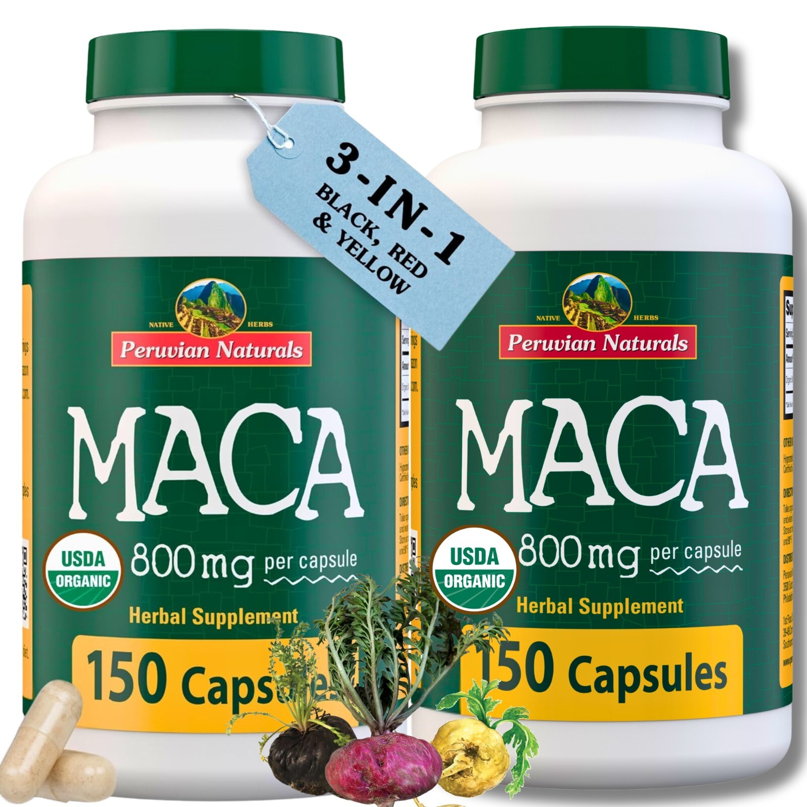 2 Organic Black Red Yellow Maca Root Capsules 300 for Women & Men 800mg – Peru