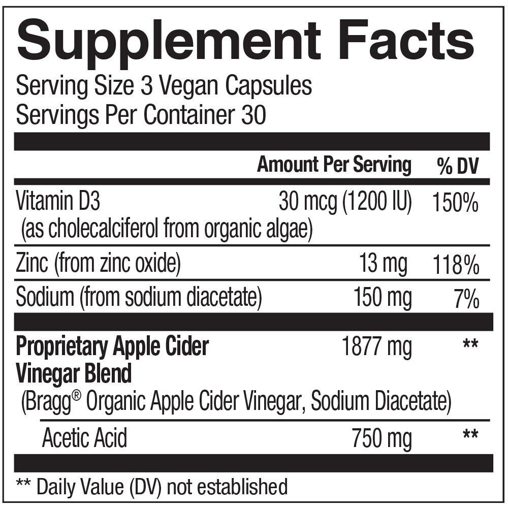Bragg Apple Cider Vinegar Immune System Support Vitamin D3 Zinc 90 Capsules