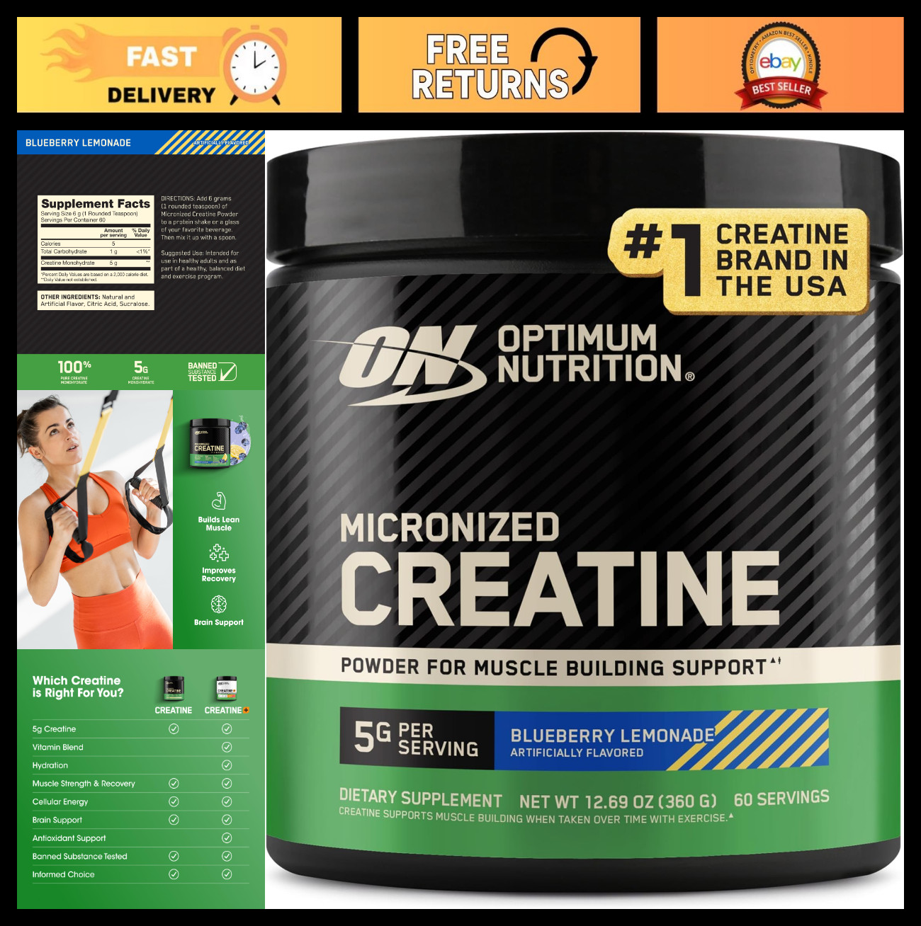 Micronized Creatine Monohydrate Powder – Blueberry Lemonade, 360g, 60 Servings,