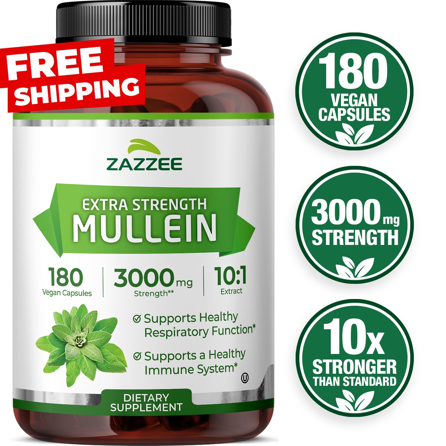 Zazzee Mullein 10:1 Extract, 3000 mg Strength, 180 Vegan Capsules, Kosher