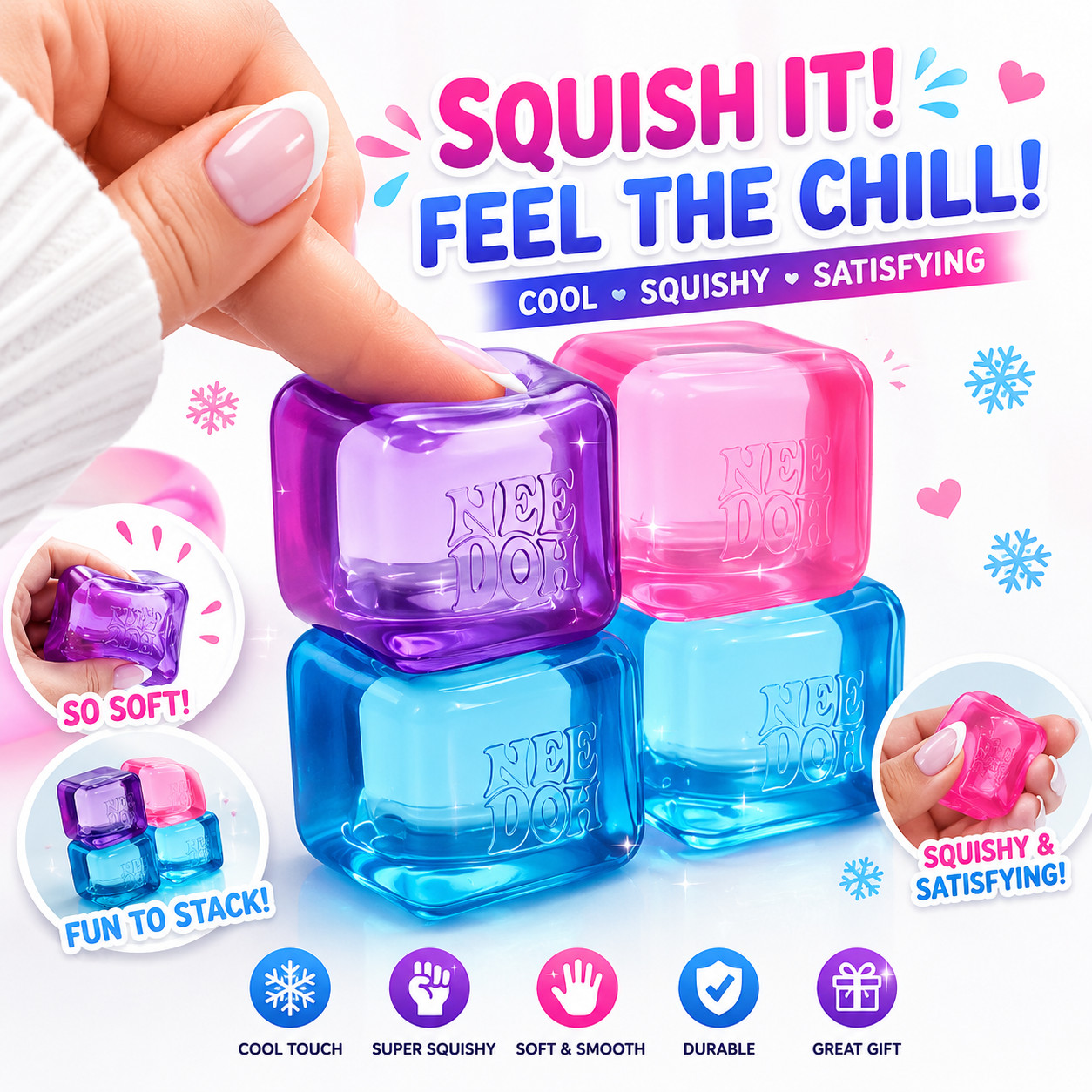 Nee Doh Nice Ice Baby Super Solid Squish Cube Set 4 Pack Pink/Blue/Purple