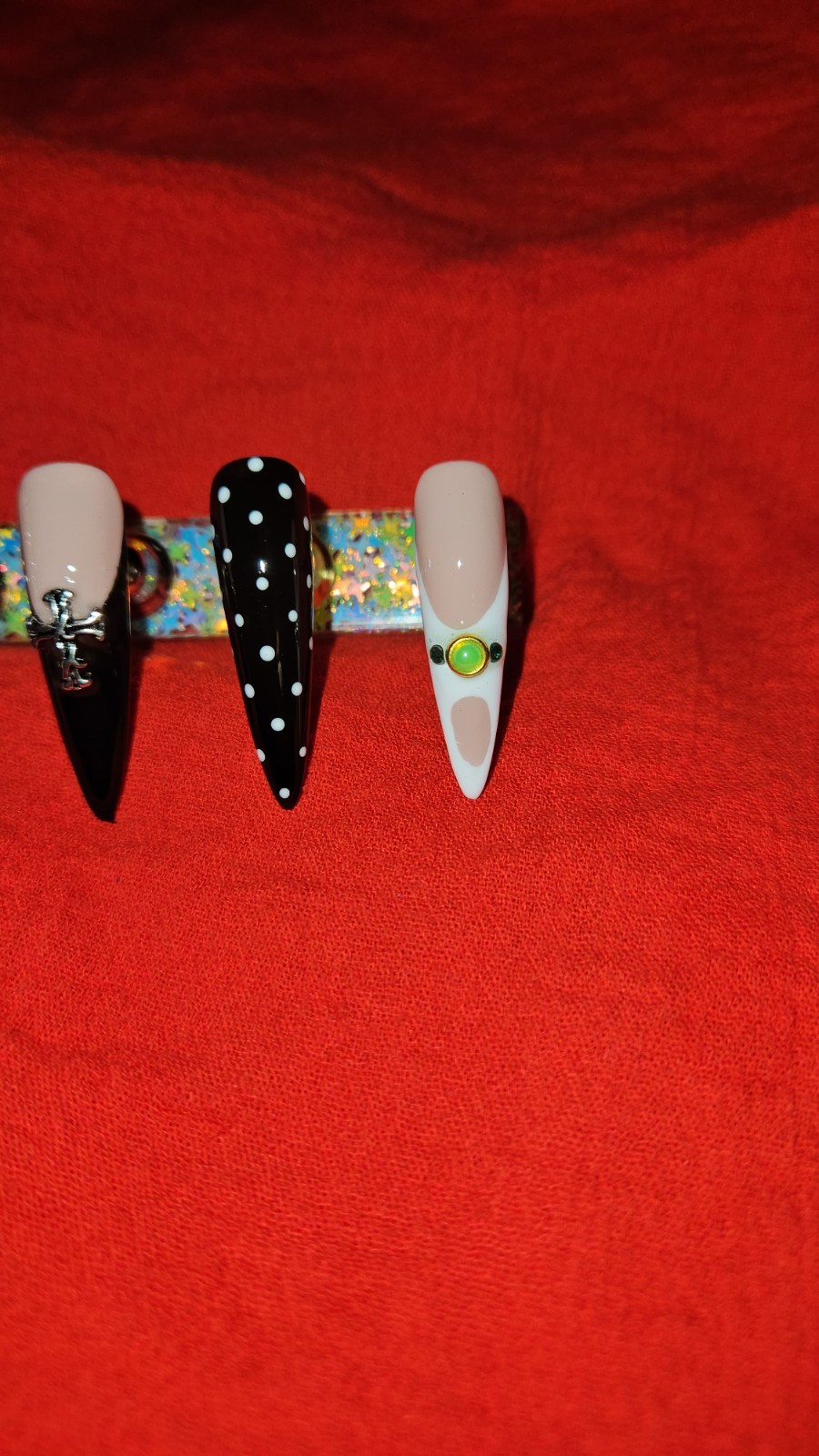 3D Stiletto Nail Charms Black White Nude Polka Dot Cross Theme Nail Art