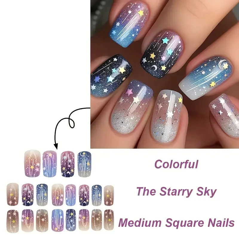 24pcs Square Press-On Nails, Medium Length, Starry Sky Design, Shiny