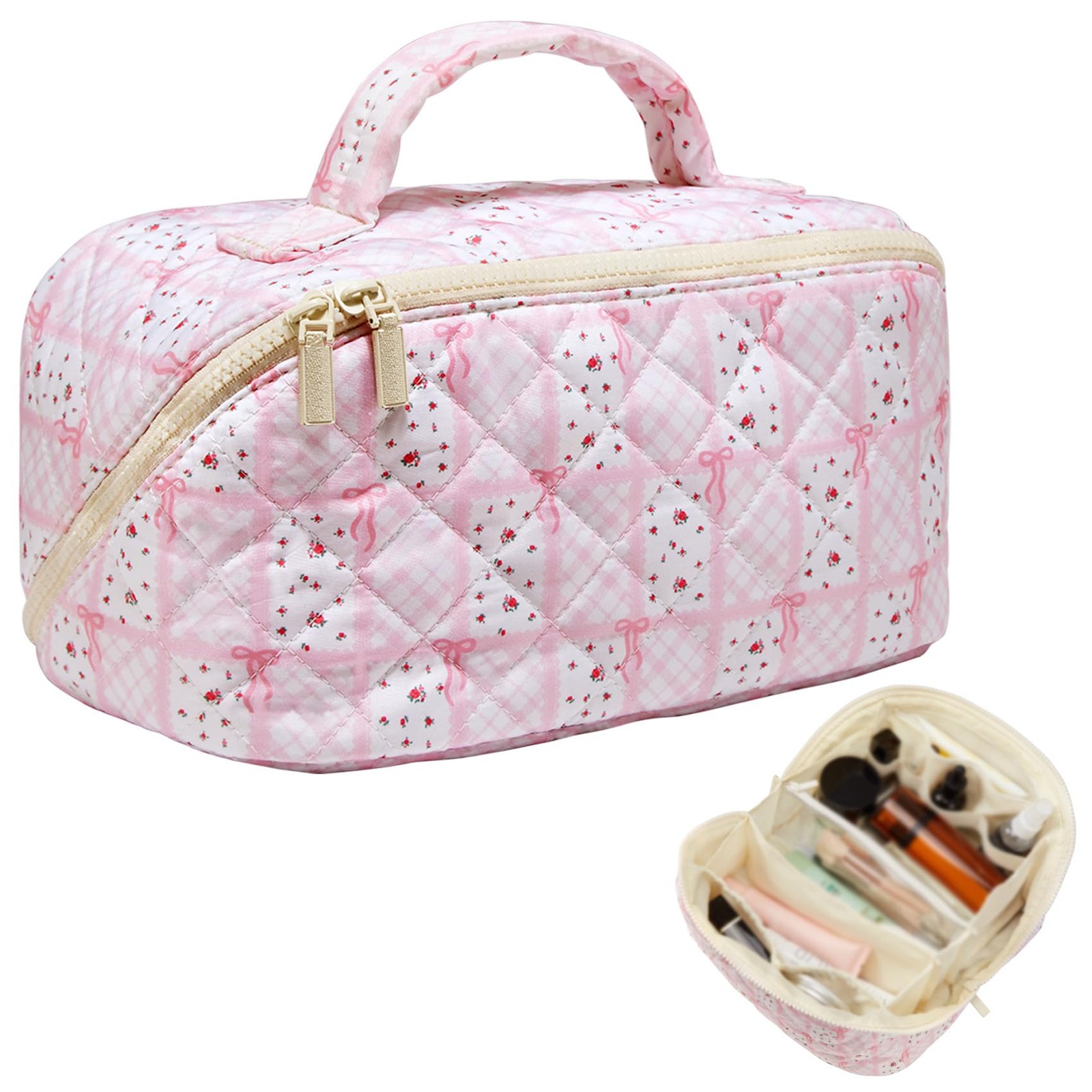 Large Pink Bow Floral Travel Makeup Bag Lay Flat Quilted Large, Light pink