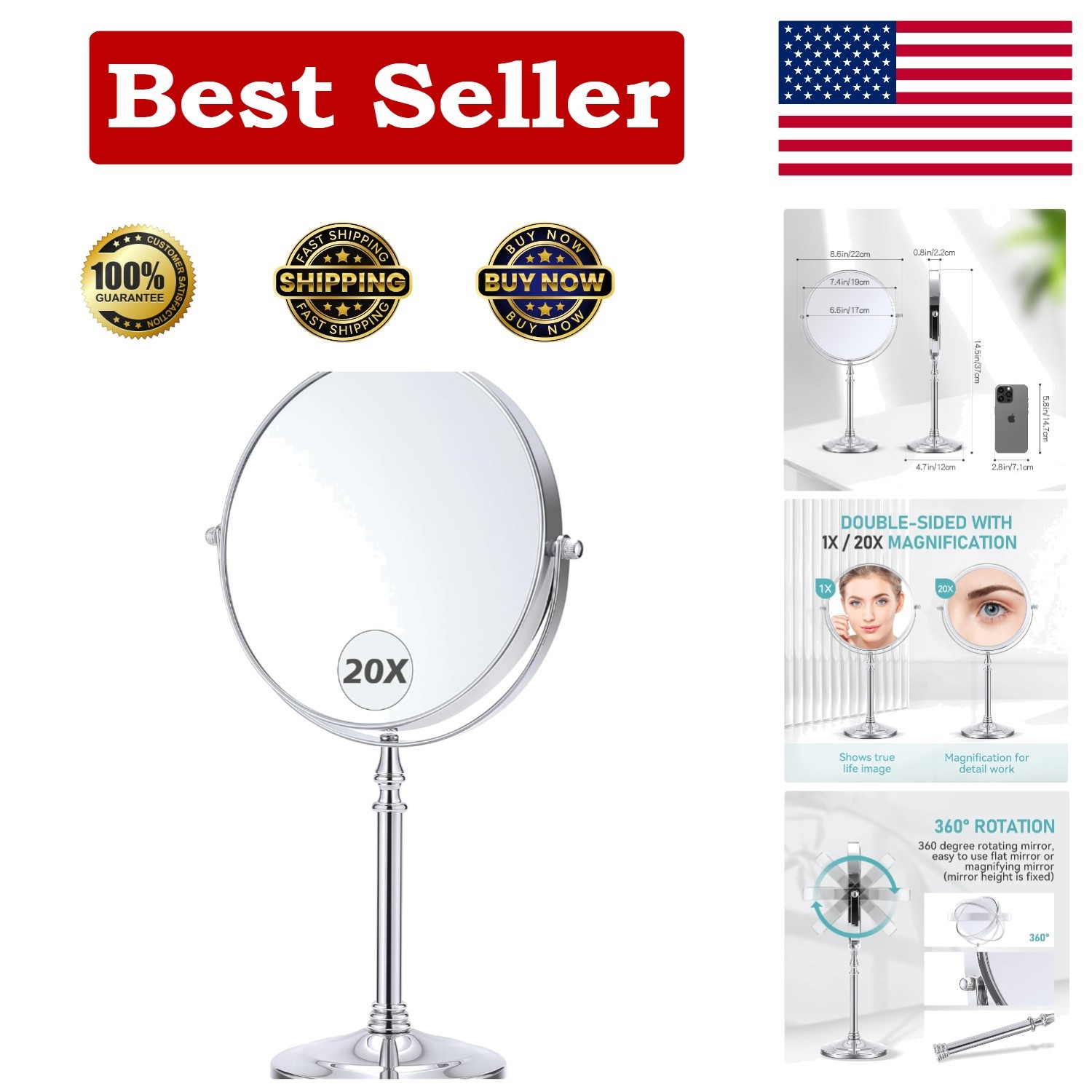 Elegant 20X Double-Sided Magnifying Mirror with 360° Rotation – 8 Inch Vanity