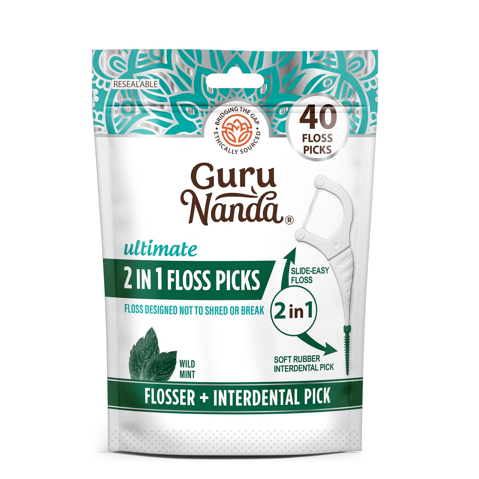 GuruNanda 2 in 1 Dental Floss Picks – Non-Slip 40 Foot (Pack of 1), White