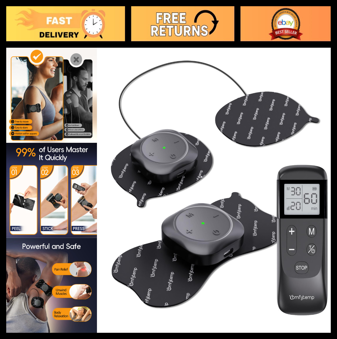Wireless TENS Unit Muscle Stimulator – 30 Modes Pain Relief, Rechargeable, Remot