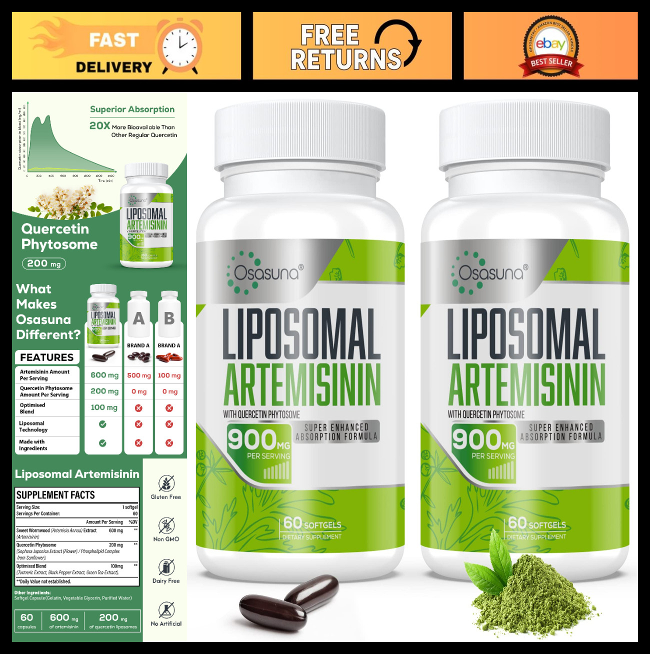900 mg Liposomal Artemisinin & Quercetin Phytosome, 120 Softgels, Max Absorption