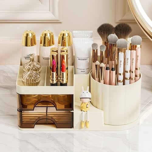 Makeup Organizer for Vanity with 2 Drawers,Countertop Rotating Makeup Cream