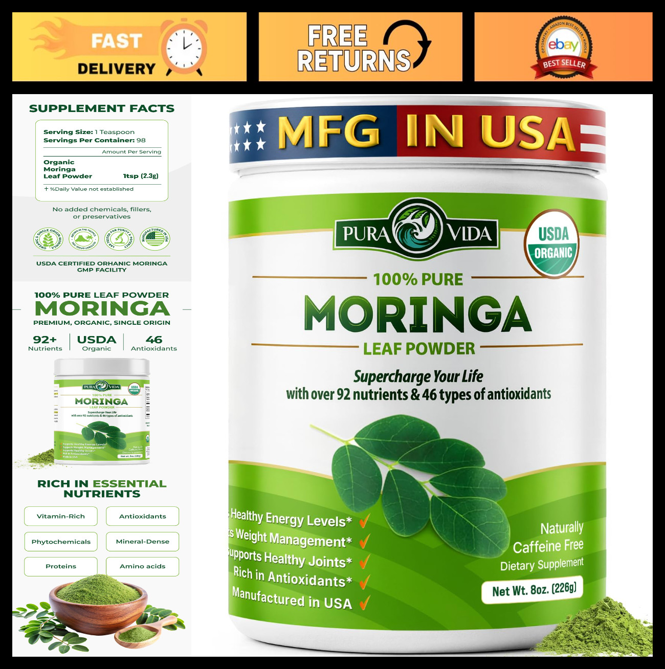 Organic Moringa Powder 100% Pure Leaf – USDA Certified, Superfood for Smoothies
