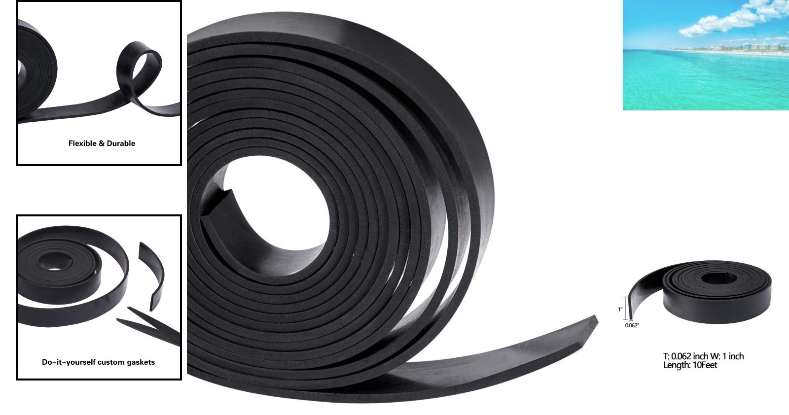 Black Solid Neoprene Rubber Strip Roll – 1″ Wide x 10′ Long for Protection