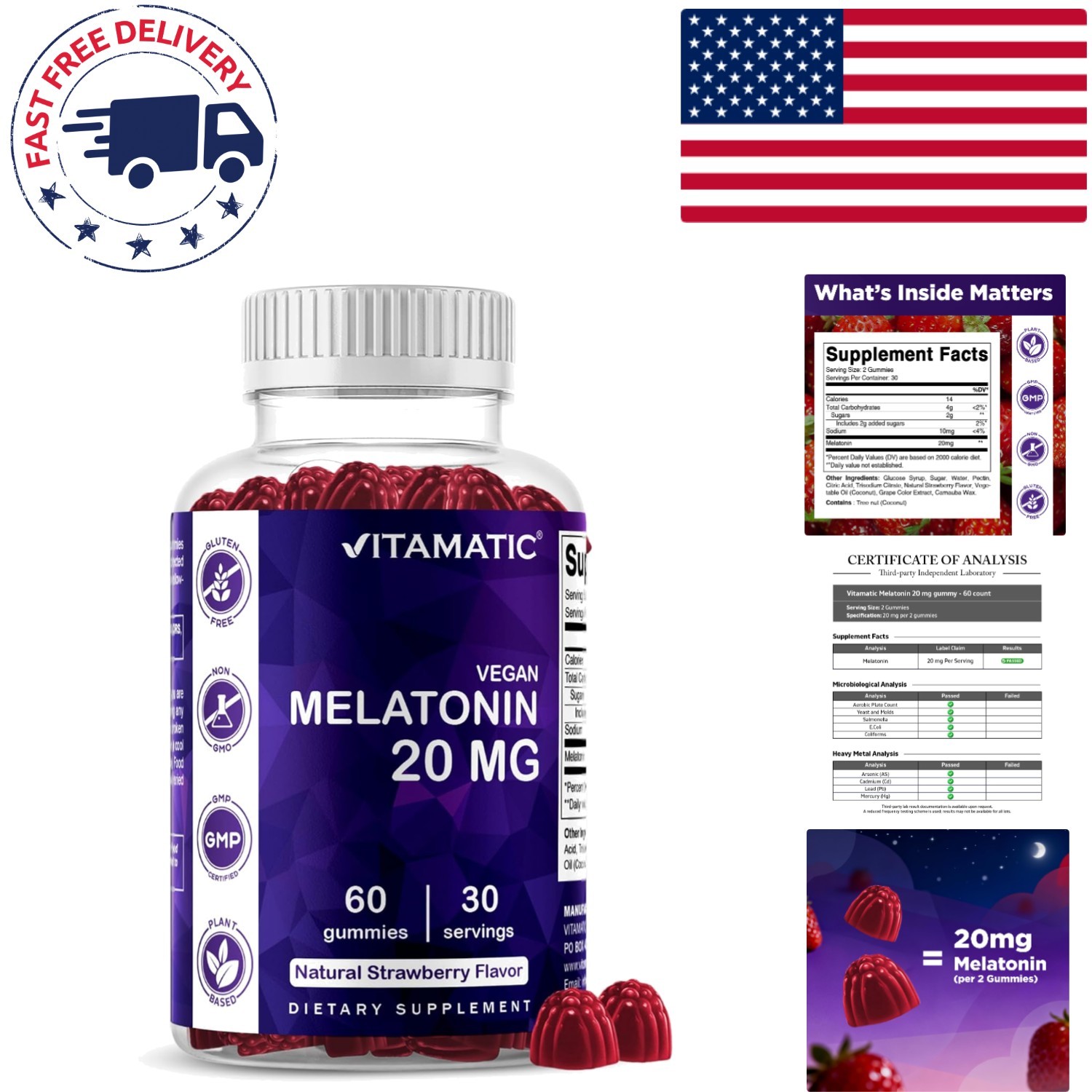 Natural Sleep Support: 20 mg Strawberry Melatonin Gummies, 60 Count