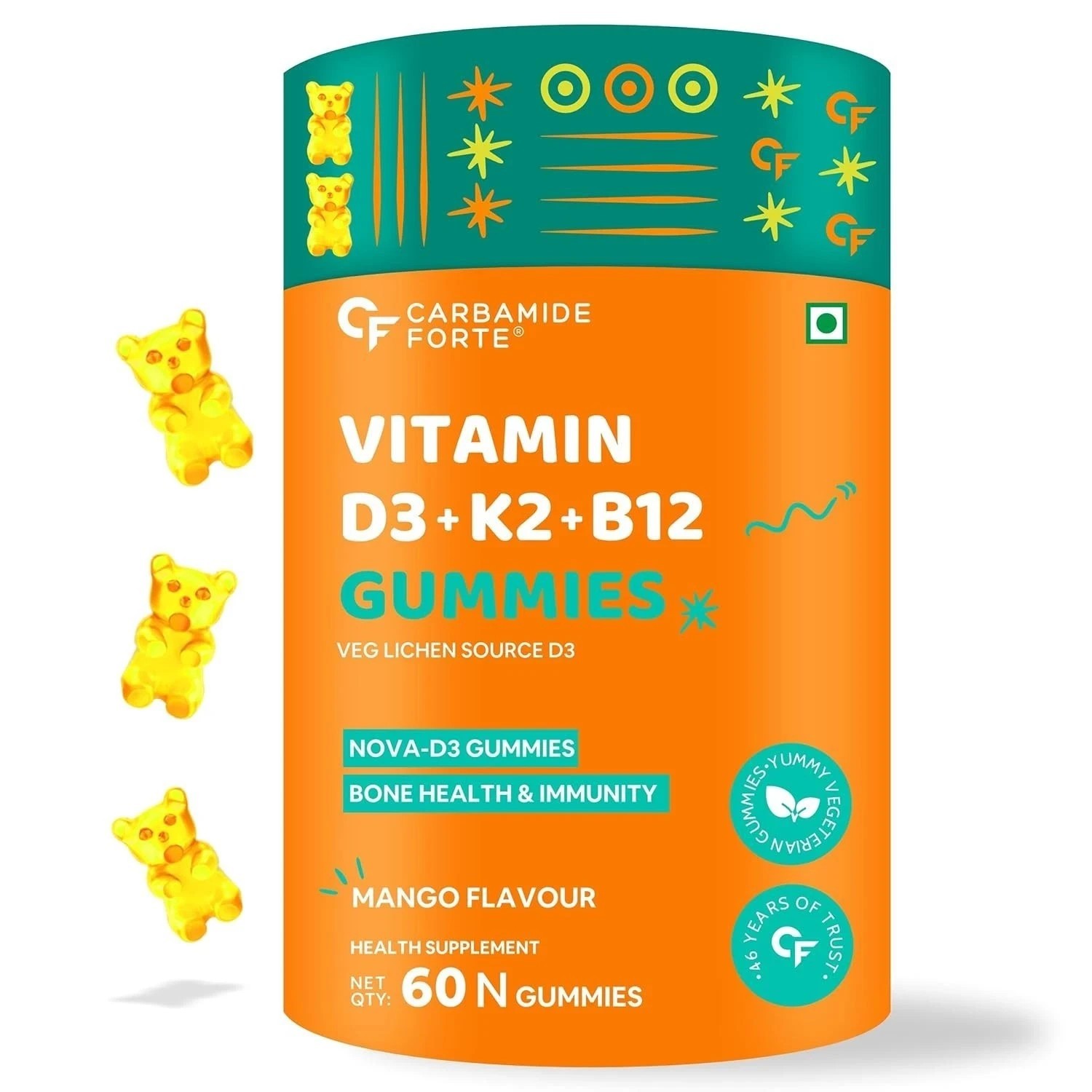 Carbamide Forte Vitamin D3 K2 MK7 & B12 Gummies Mango Flavour 60 Gummies