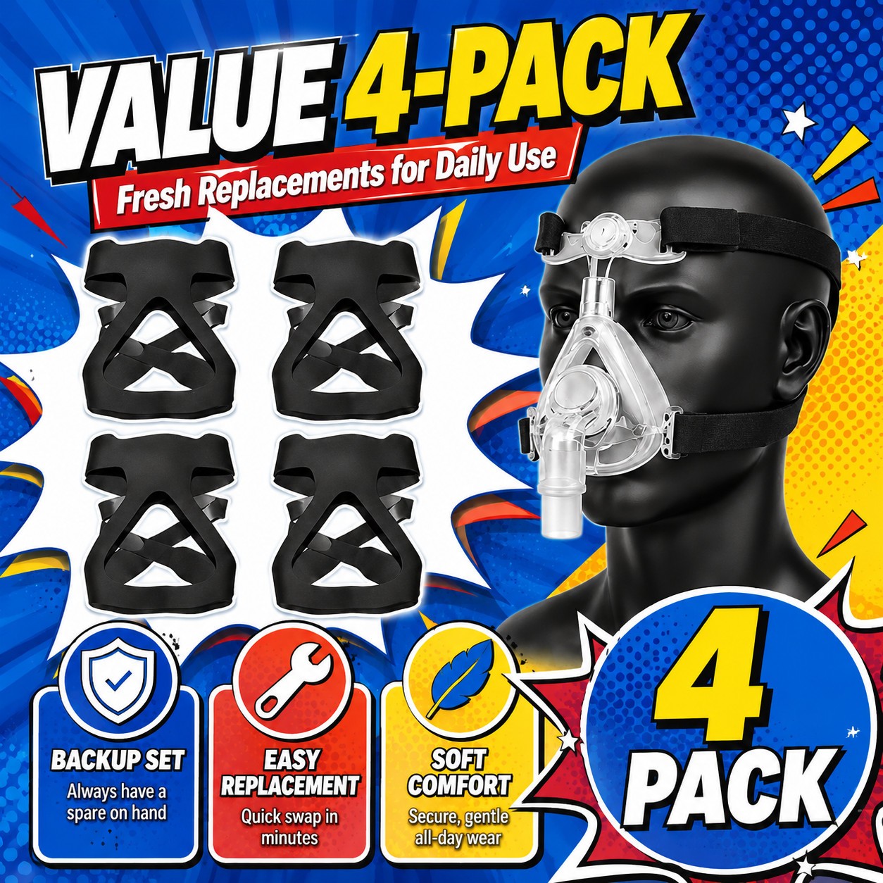 CPAP Full Face Headgear Strap Replacement 4 Pack Soft Washable Universal Fit Kit