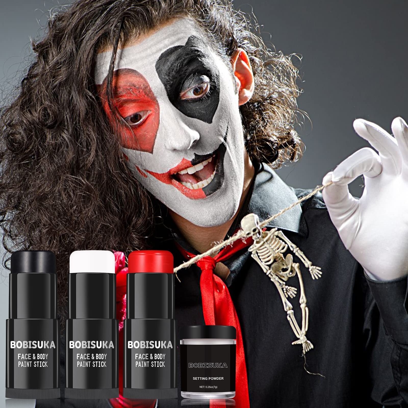 Black White Red Face Paint Stick Set with Setting Powder – Clown Makeup, Hallowe