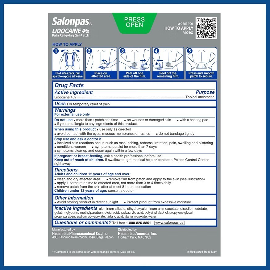 Salonpas 4% Pain Relieving Gel-Patch, 6ct for Back, Neck, Shoulder, Knee/Elbow