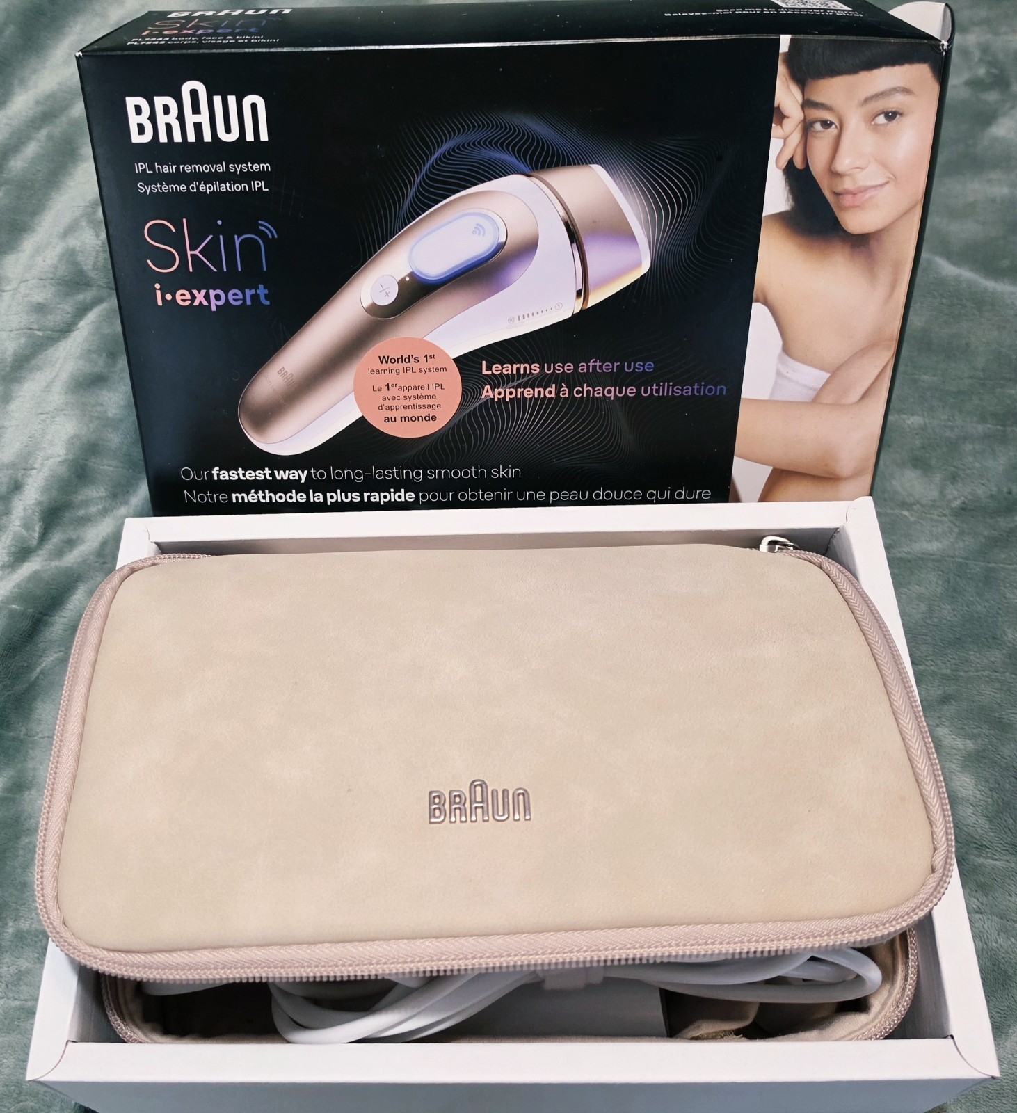 Braun IPL Hair Removal Device Model 6036, 3 Heads, Pouch, Razor, White/Gold