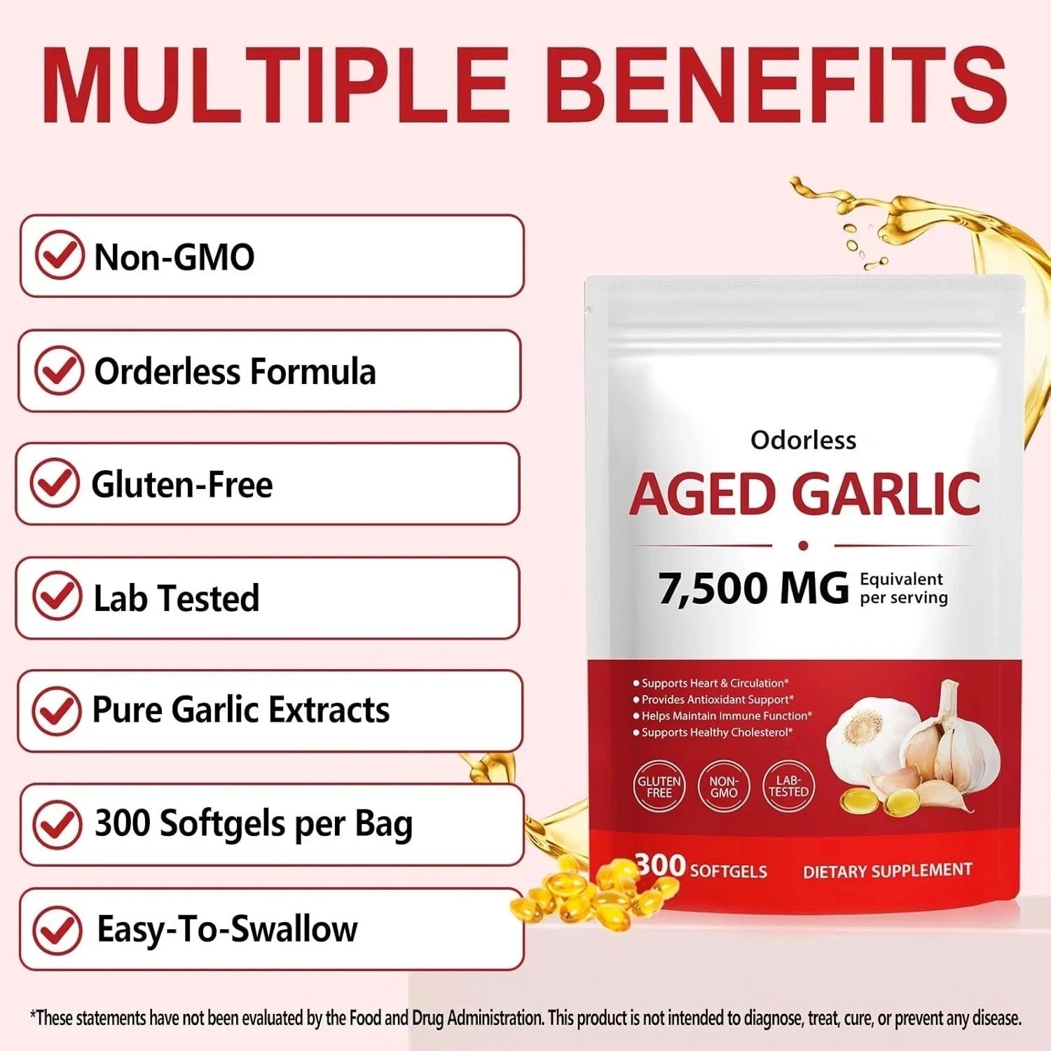 Odorless Garlic 7500Mg per Servings, 300 Softgels | 2 Years Aged Garlic Extra…
