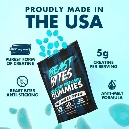 Beast Bites Creatine Infused Gummies, Blue Raspberry, 450 Servings New–+