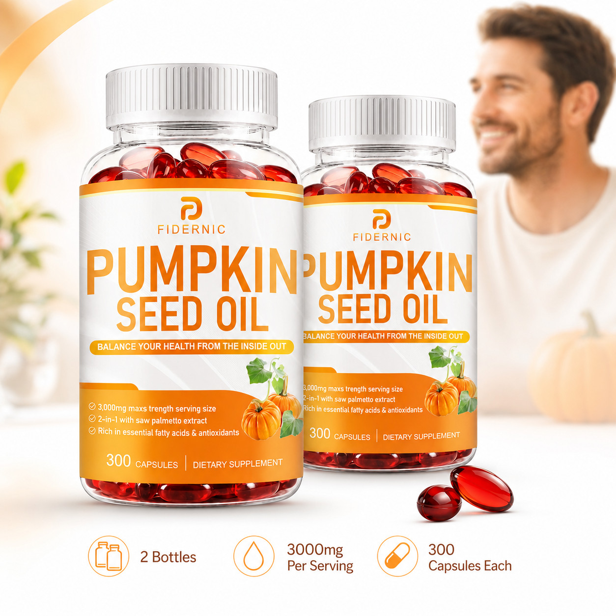 2 Bottle Pumpkin Seed Oil 3000mg Per Serving 300 Capsules Dietary Supplement