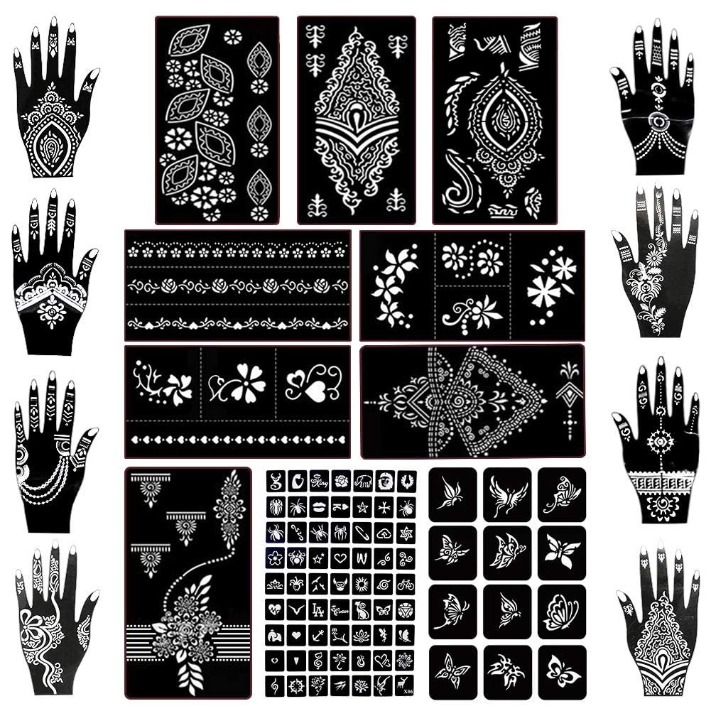 Koogel 18 Sheets 97PCS Henna Tattoo Stencil Kit, Reusable Mehndi Templates fo…