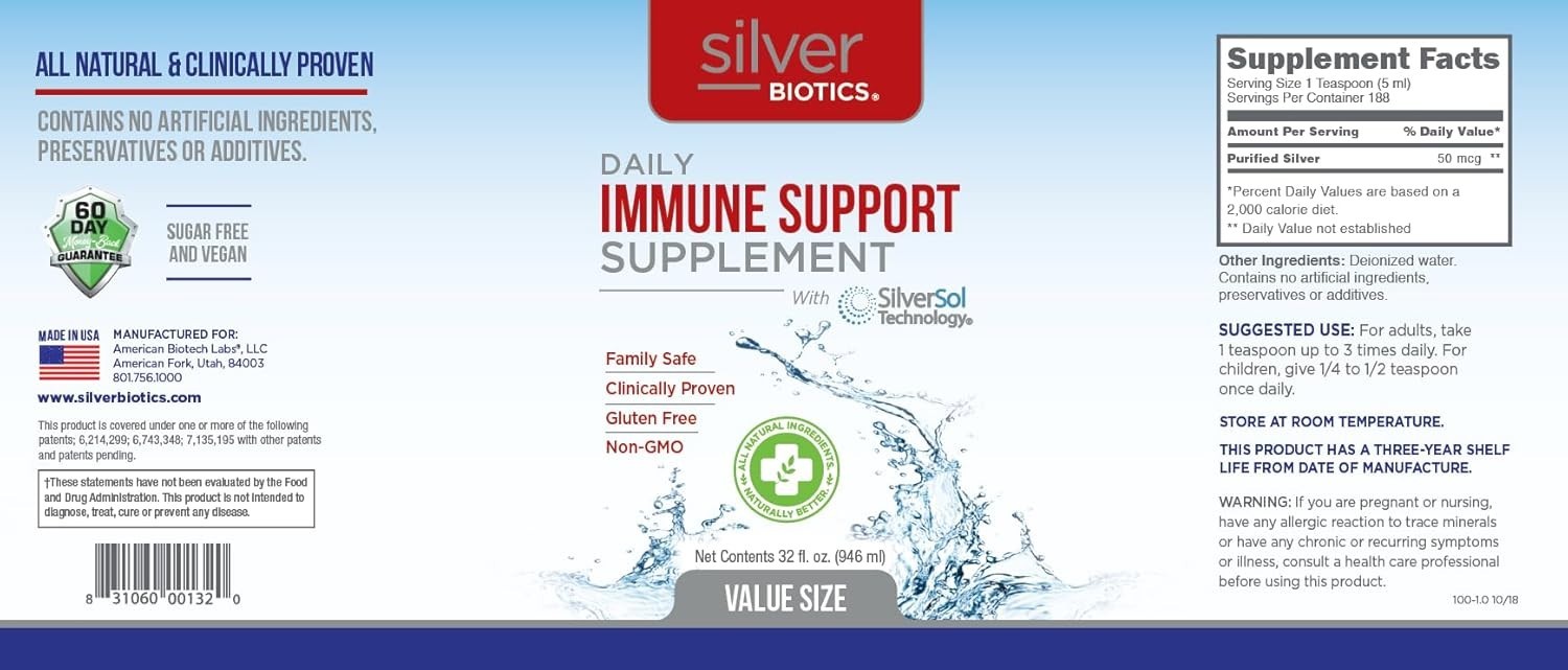 Silver Biotics Colloidal Nano SilverSol 10 PPM Immune Support Bio-Hackin 32 Fl