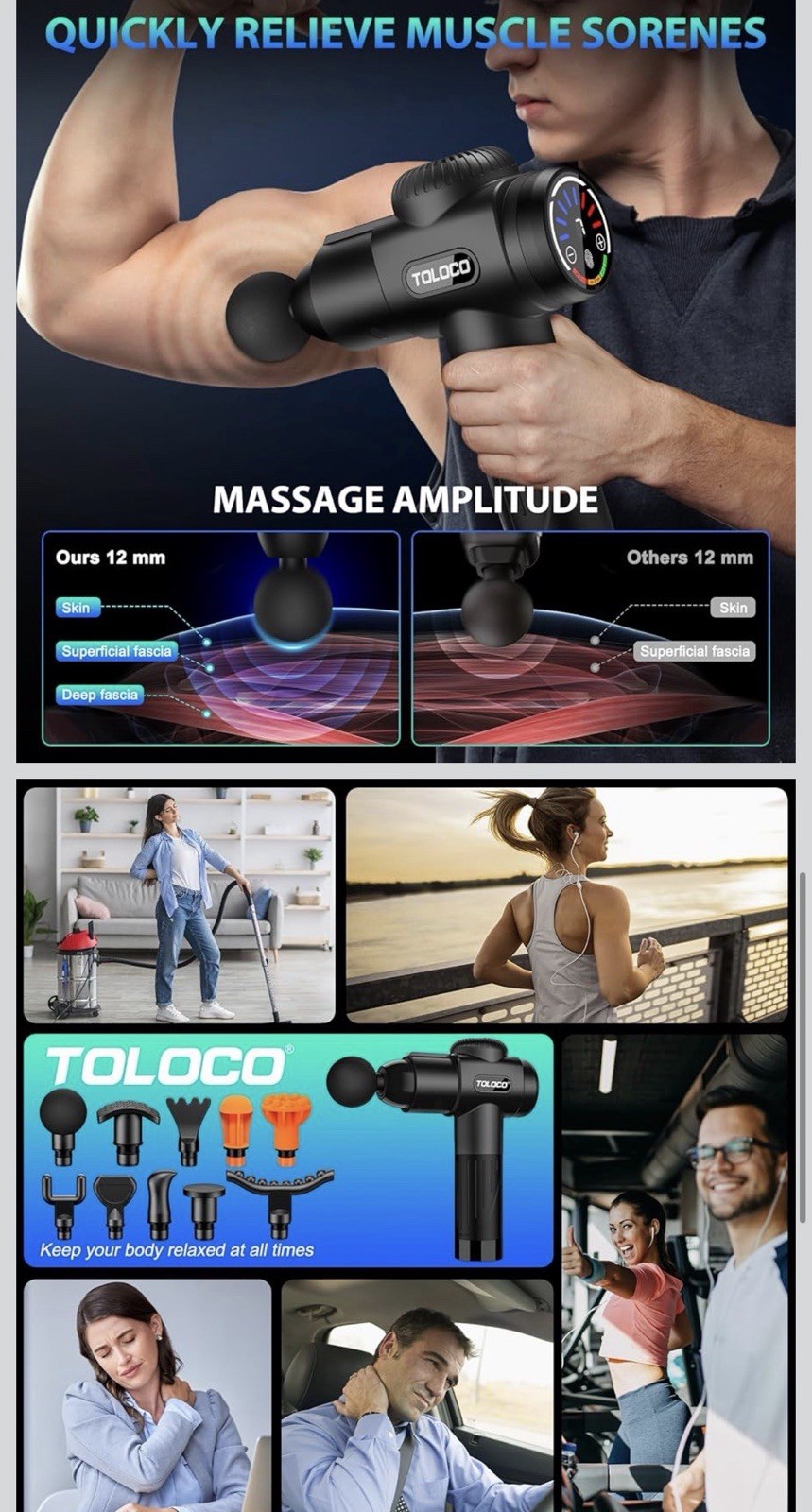 TOLOCO Deep Tissue Massage Gun for Muscle Pain Relief Quiet Percussion Massager