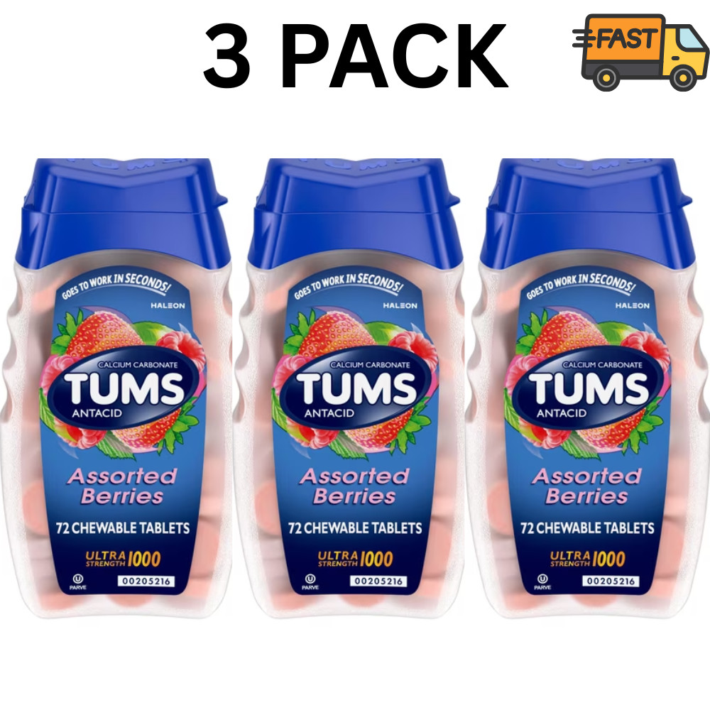 Tums Ultra Strength 1000 Assorted Berries Antacid Tablets, 72 Ct Each Pack of 3