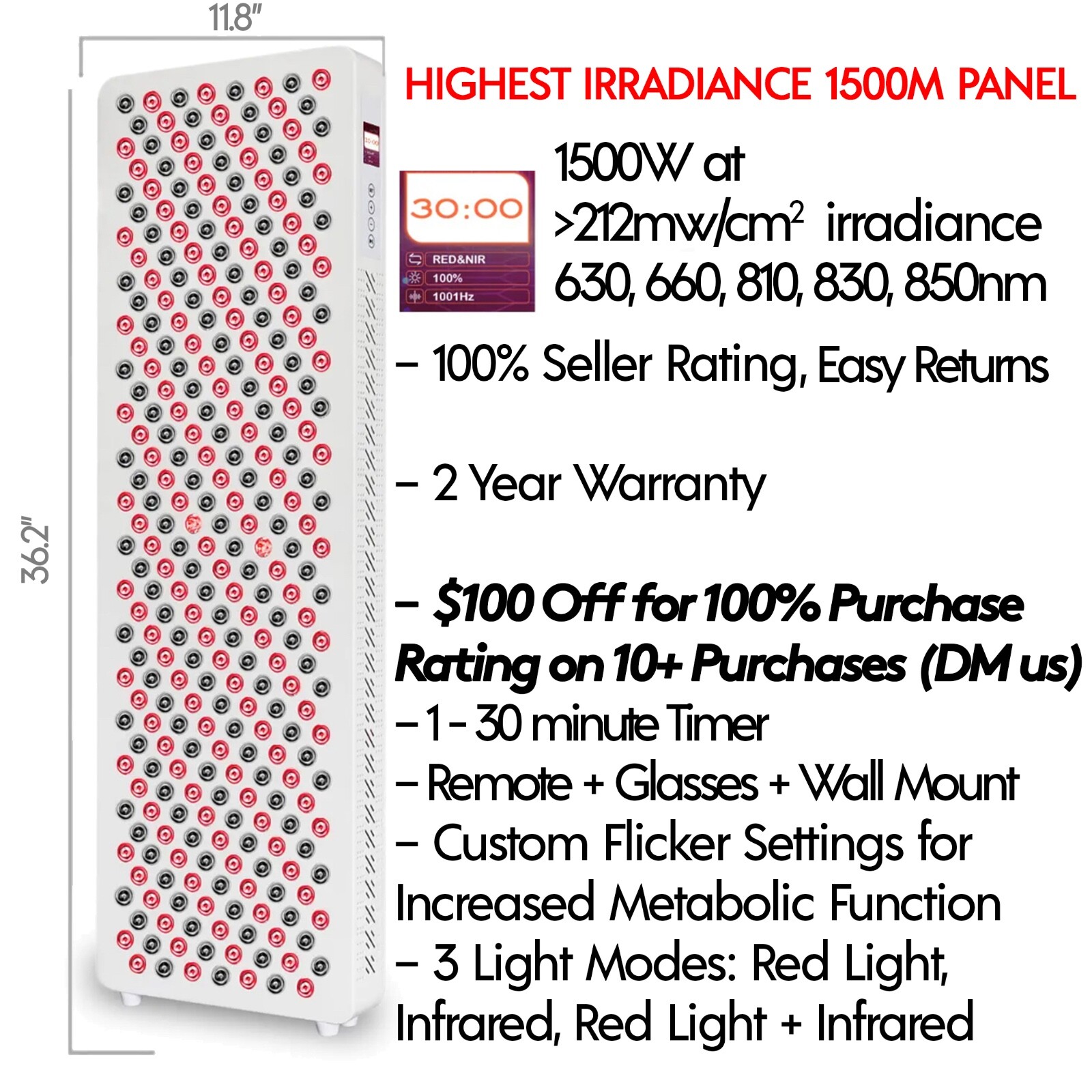 Huberman & Rogan Spec Powerful 500W 3’ Tall Red Light & NIR Therapy Panel