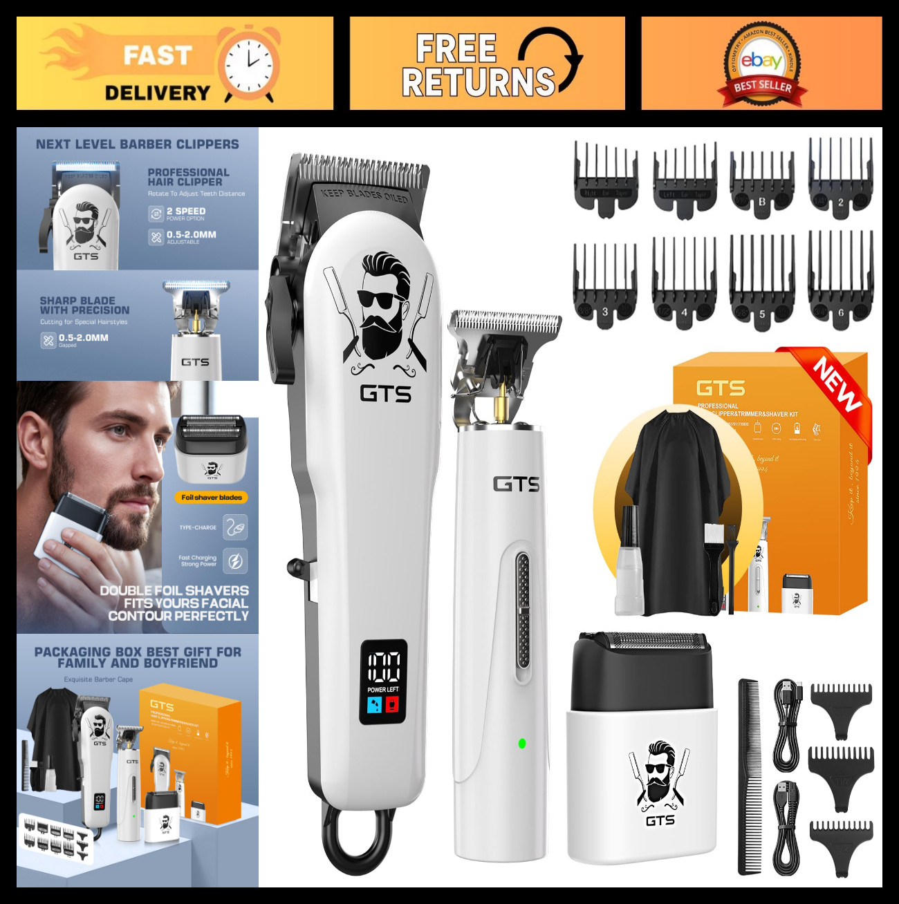 Professional Cordless Hair Clippers Kit with Beard Trimmer & IPX7 Shaver – LED D