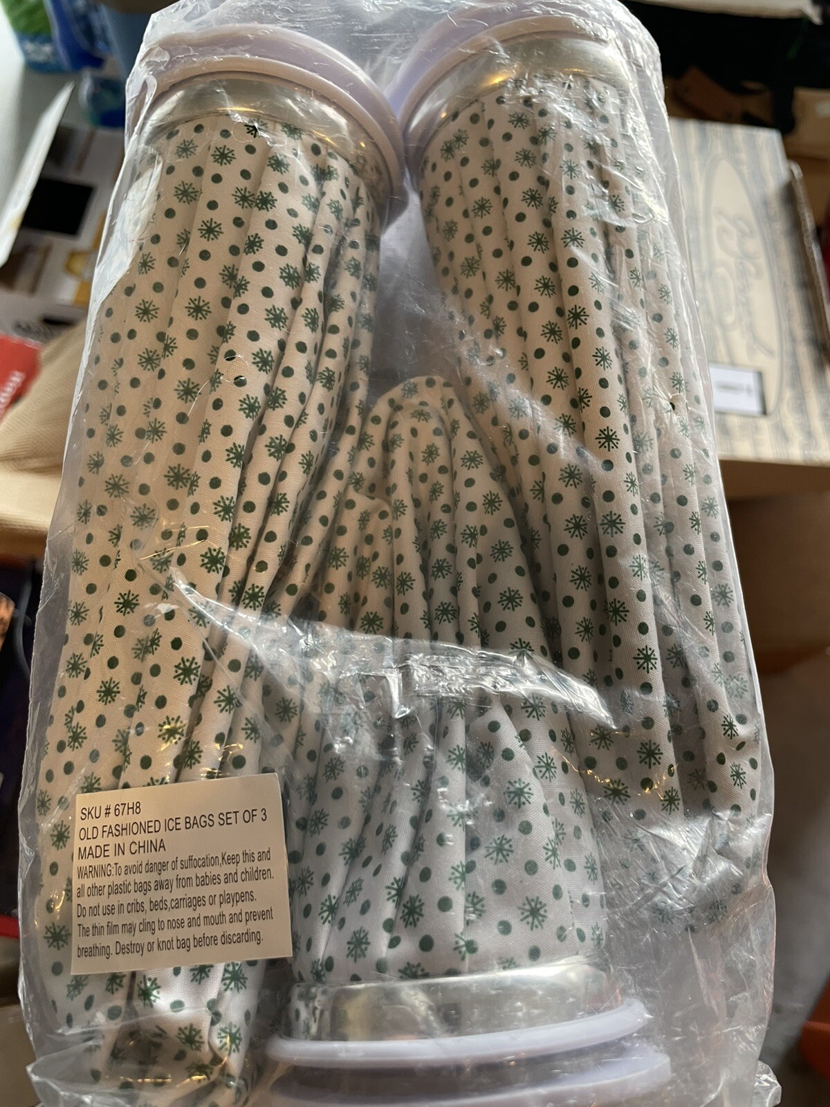 Old Fashioned Ice Bags Set of 3 White w/ Green Print Polyester 11″ & 9″ & 6″ NIP