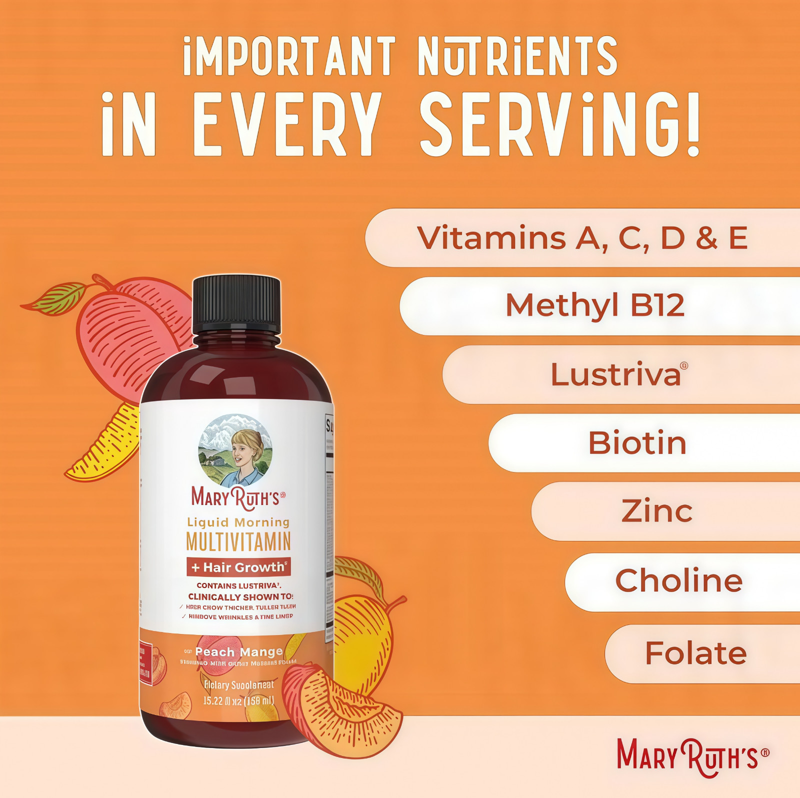 Mary Ruth’s Multivitamin + Hair Growth | 3 Pack | Peach Mango 15.22 oz brand…