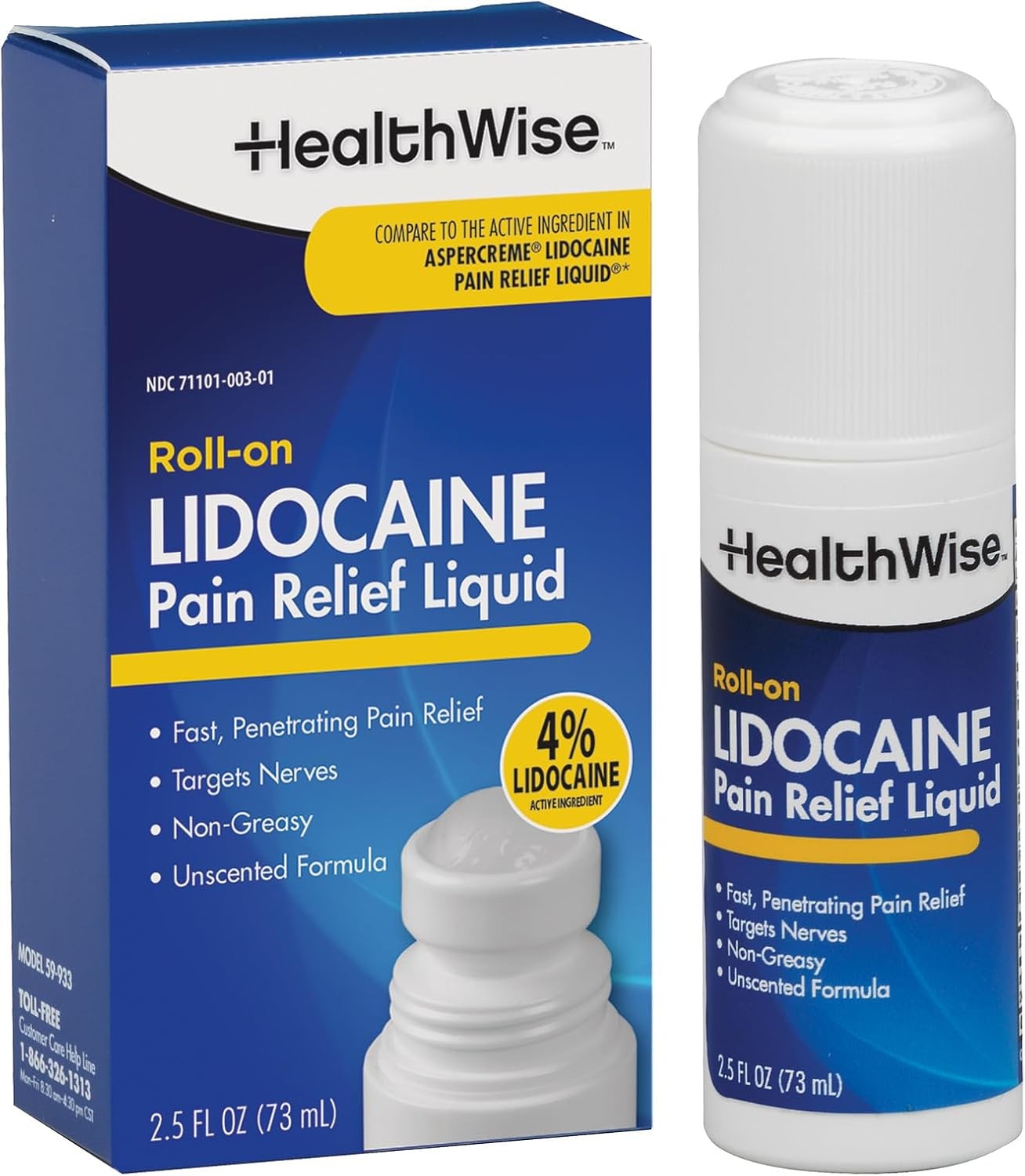 HealthWise 4% Lidocaine Roll-On | OTC Strength | Pain Relief Liquid | 2.5 oz