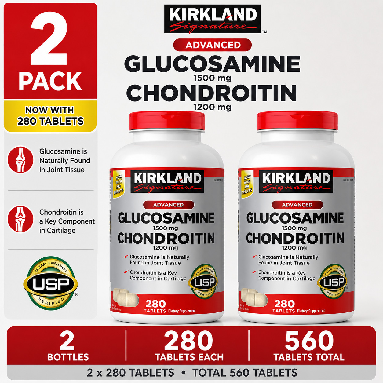 2-Pack Kirkland Signature Glucosamine & Chondroitin, 280 Tablets