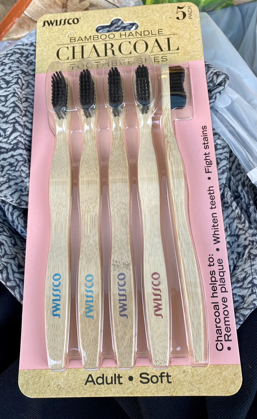 New Swissco Toothbrush Bamboo Charcoal Infused Bristles Adult Soft Pack Of 5