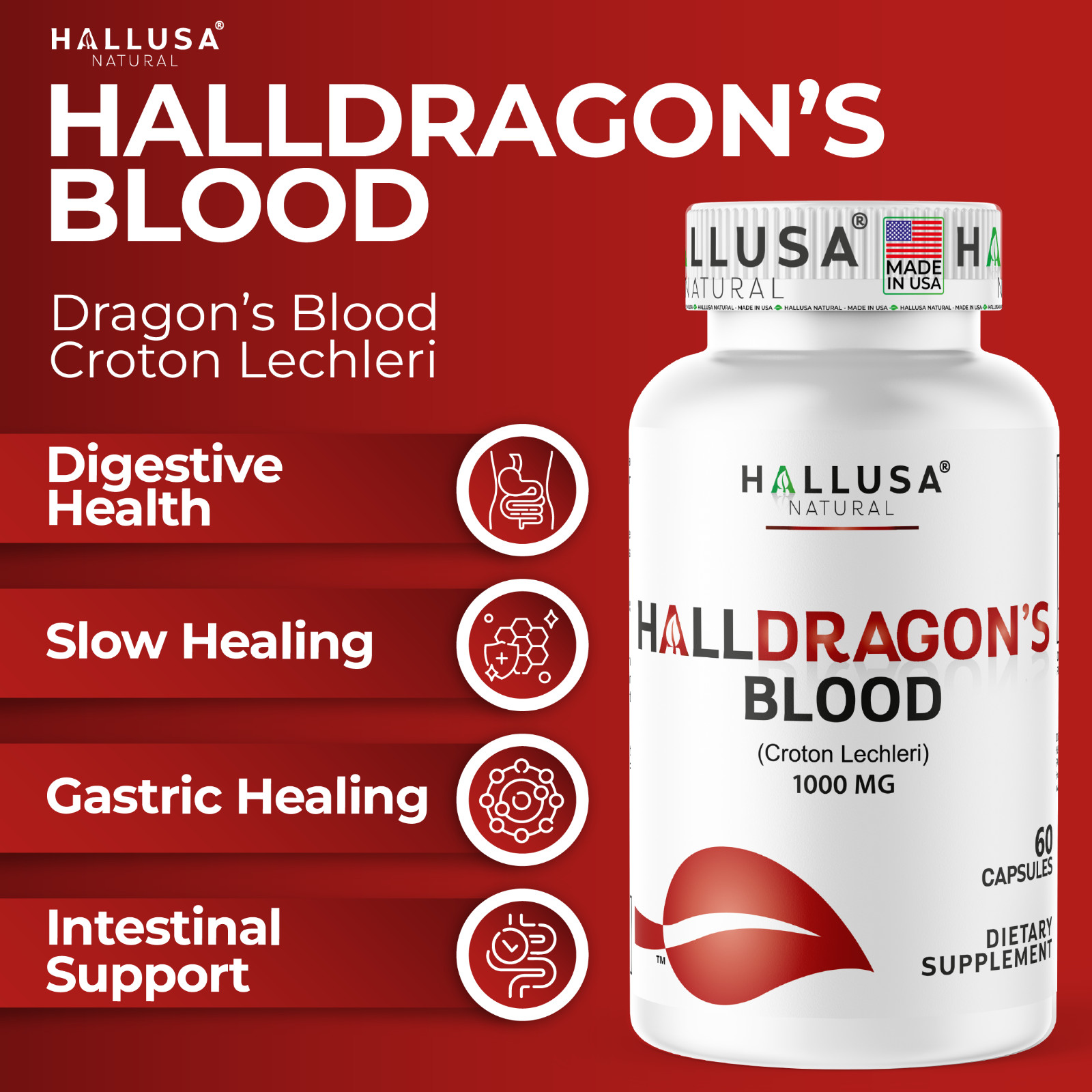 Hallusa Natural Dragon’s Blood capsules 1000mg – Croton Lechleri – 60 Count