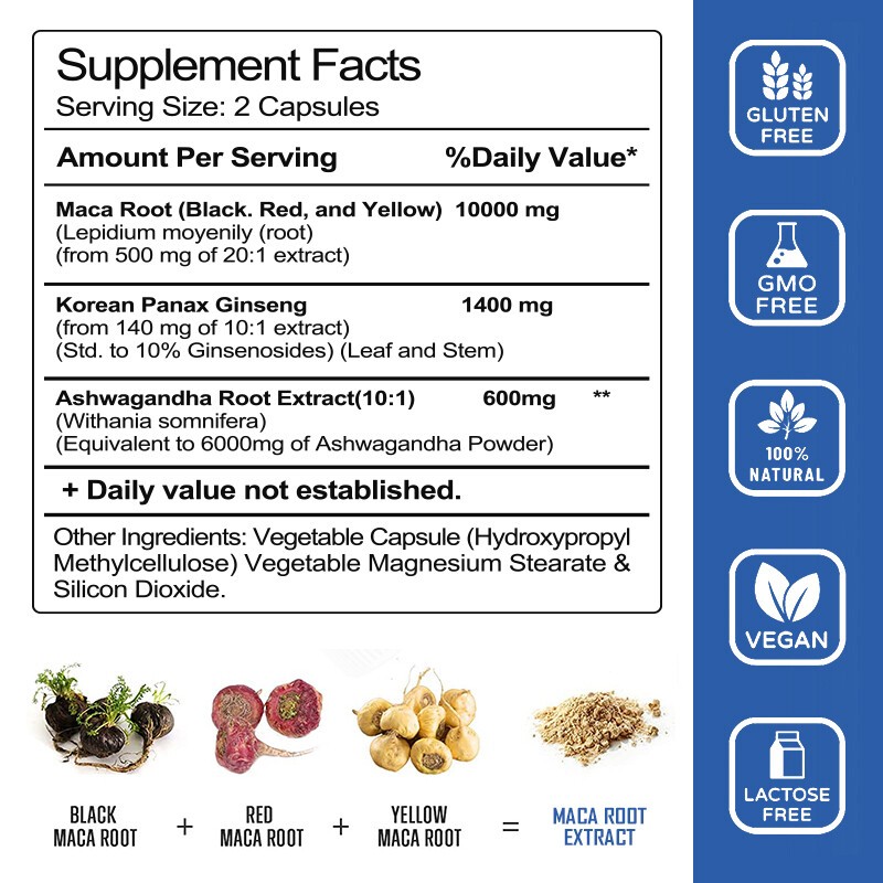 Organic Maca Root Capsules 10000mg, Peruvian Maca Extract for Men & Women 120pcs
