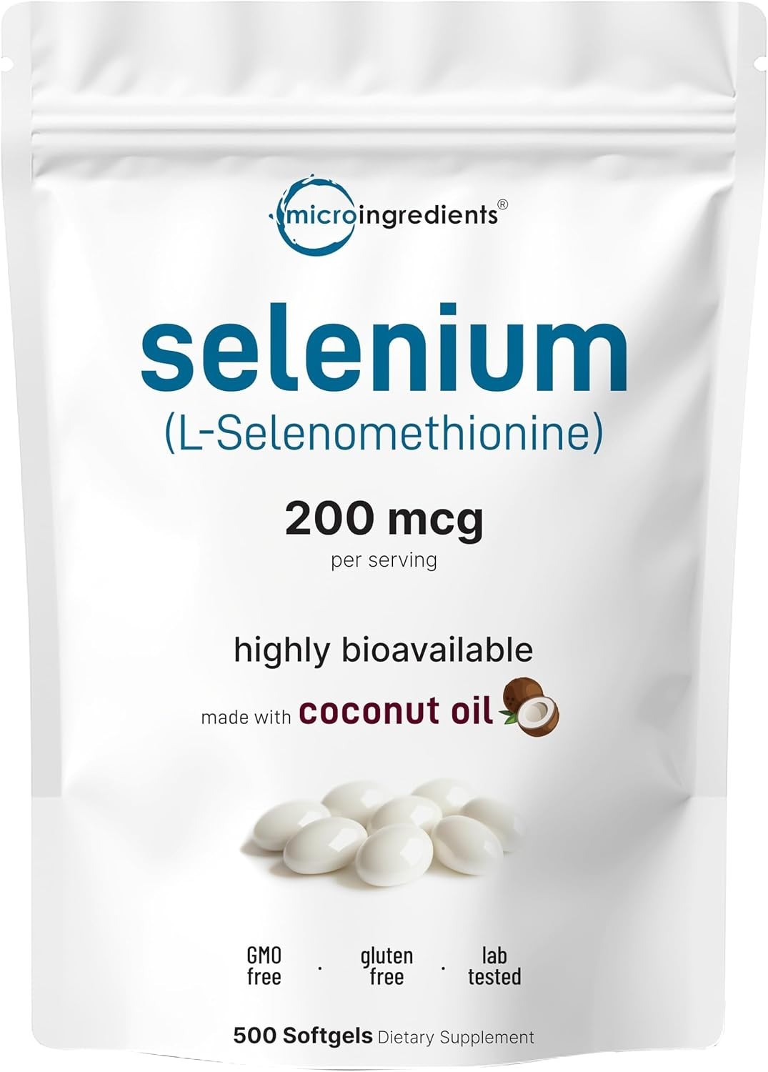 200 mcg Selenium Supplements with Coconut Oil – 500 Softgels for Daily Wellness