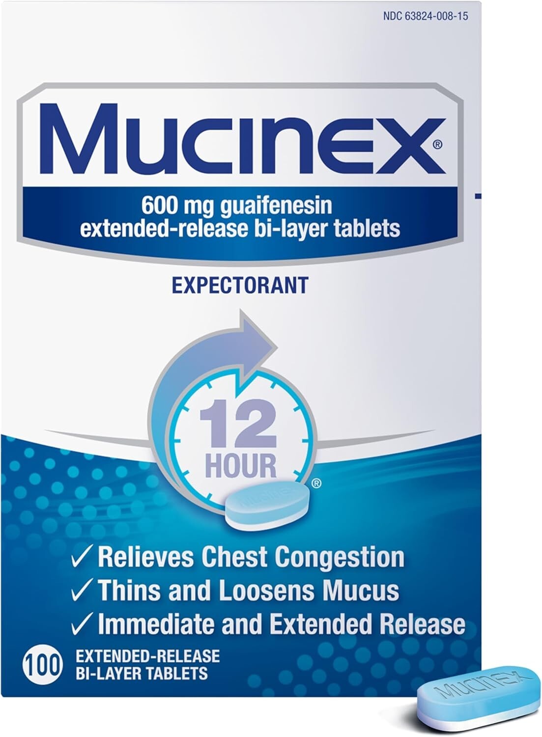 Mucinex 600mg Guaifenesin Extended Release Bi-Layer Tablets, 100ct, Exp: 07 2028