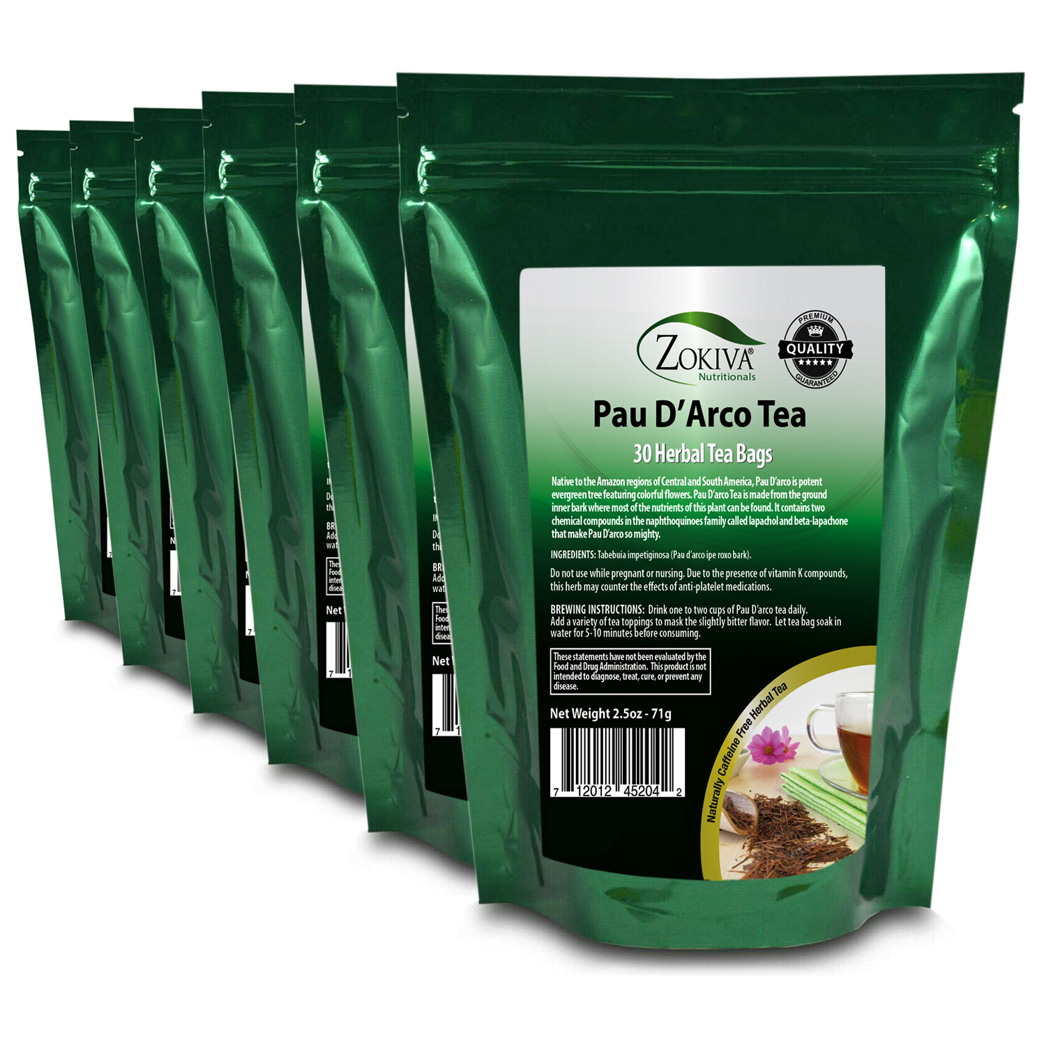 Pau D’Arco Tea Bags 6-Pack (180) Naturally Caffeine Free Premium Herbal Tea Bags