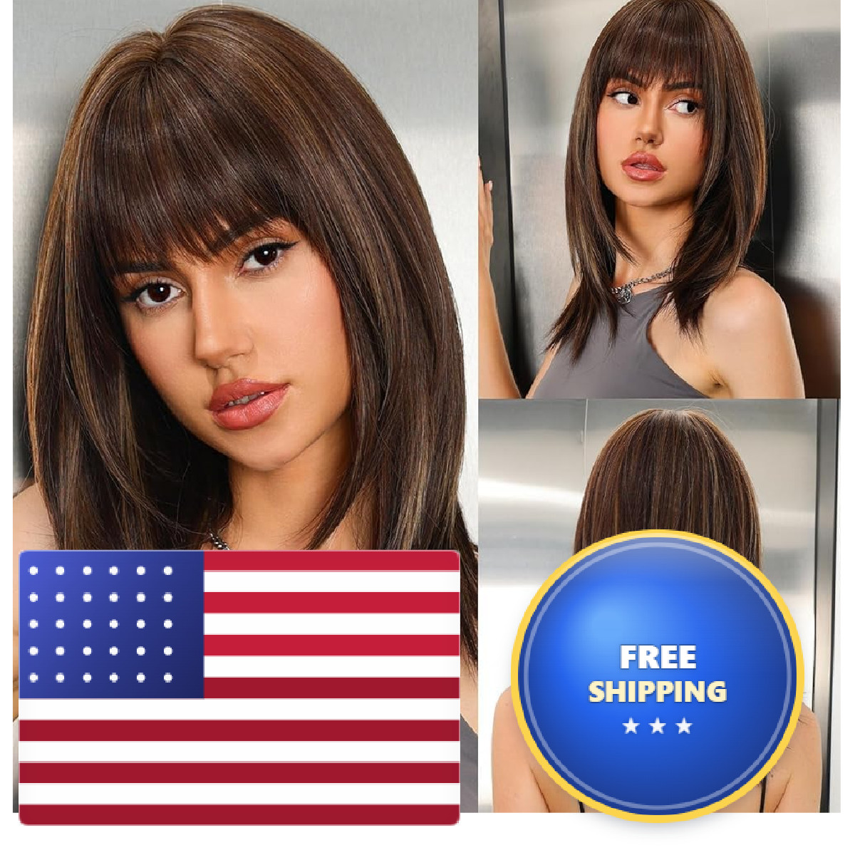 Getshow Dark Brown Wigs For Women Layered Straight Wig Bangs Natural Synthetic