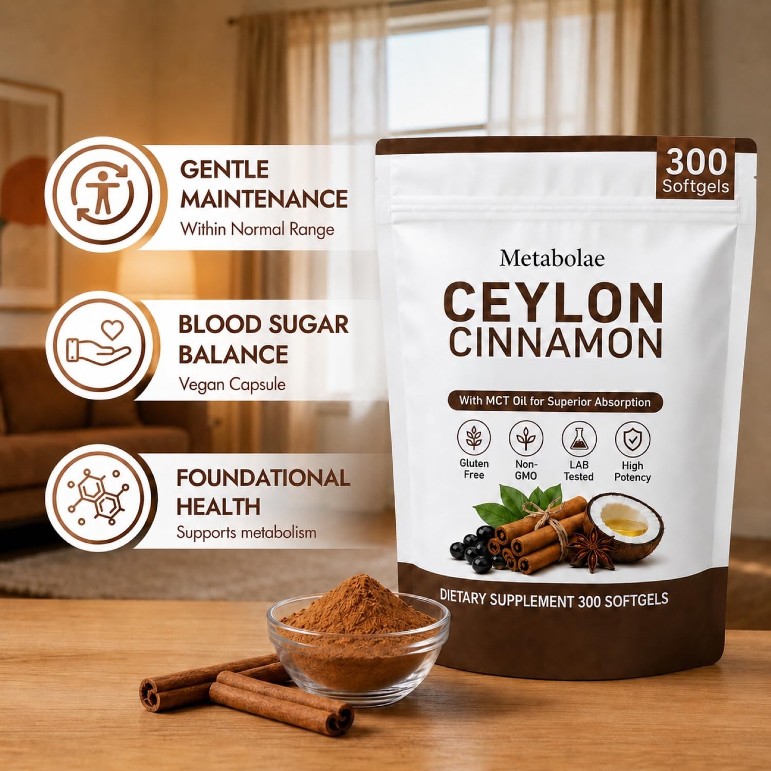 Ceylon Cinnamon Supplements – Plant-Based, Non-GMO, Gluten-Free, 300 Softgels