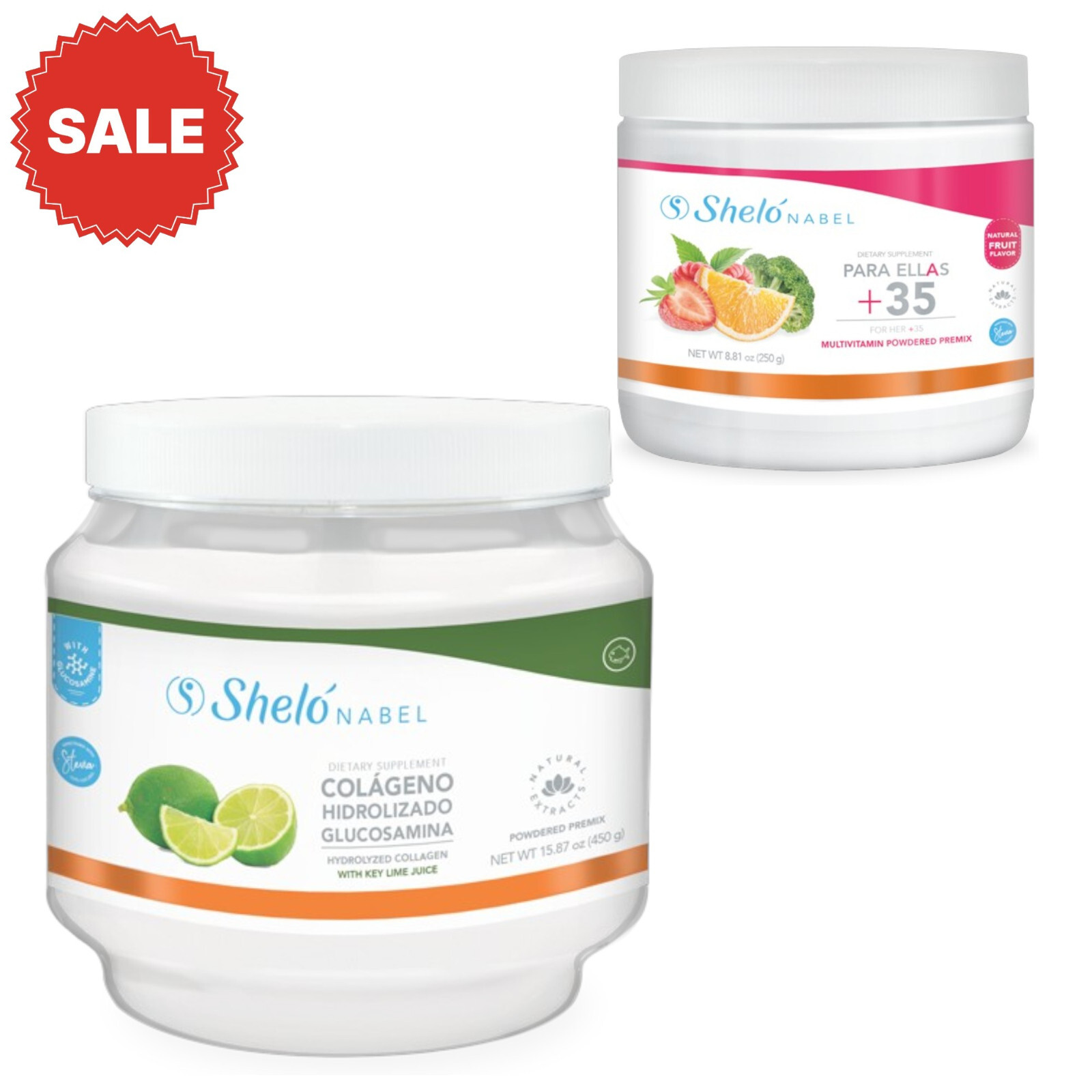 Colageno Hidrolizado Sabor Limon 450g + Para Ellas +35 Sabor Frutas 250g. Set 2.